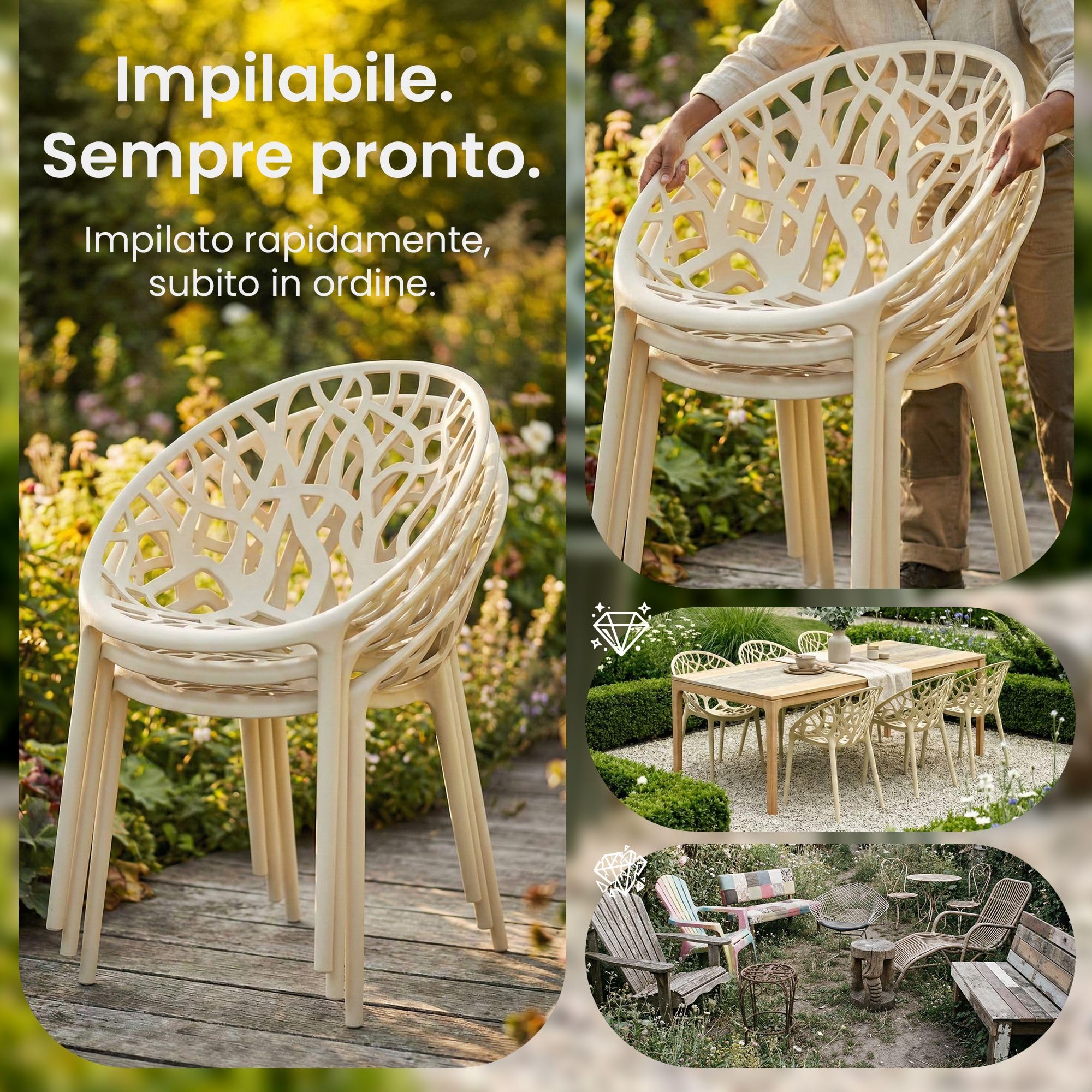 CLP Sedia da giardino Hope impilabile e resistente alle intemperie, poltroncina con schienale, plastica resistente ai raggi UV, fino a 150 kg Colore:crema