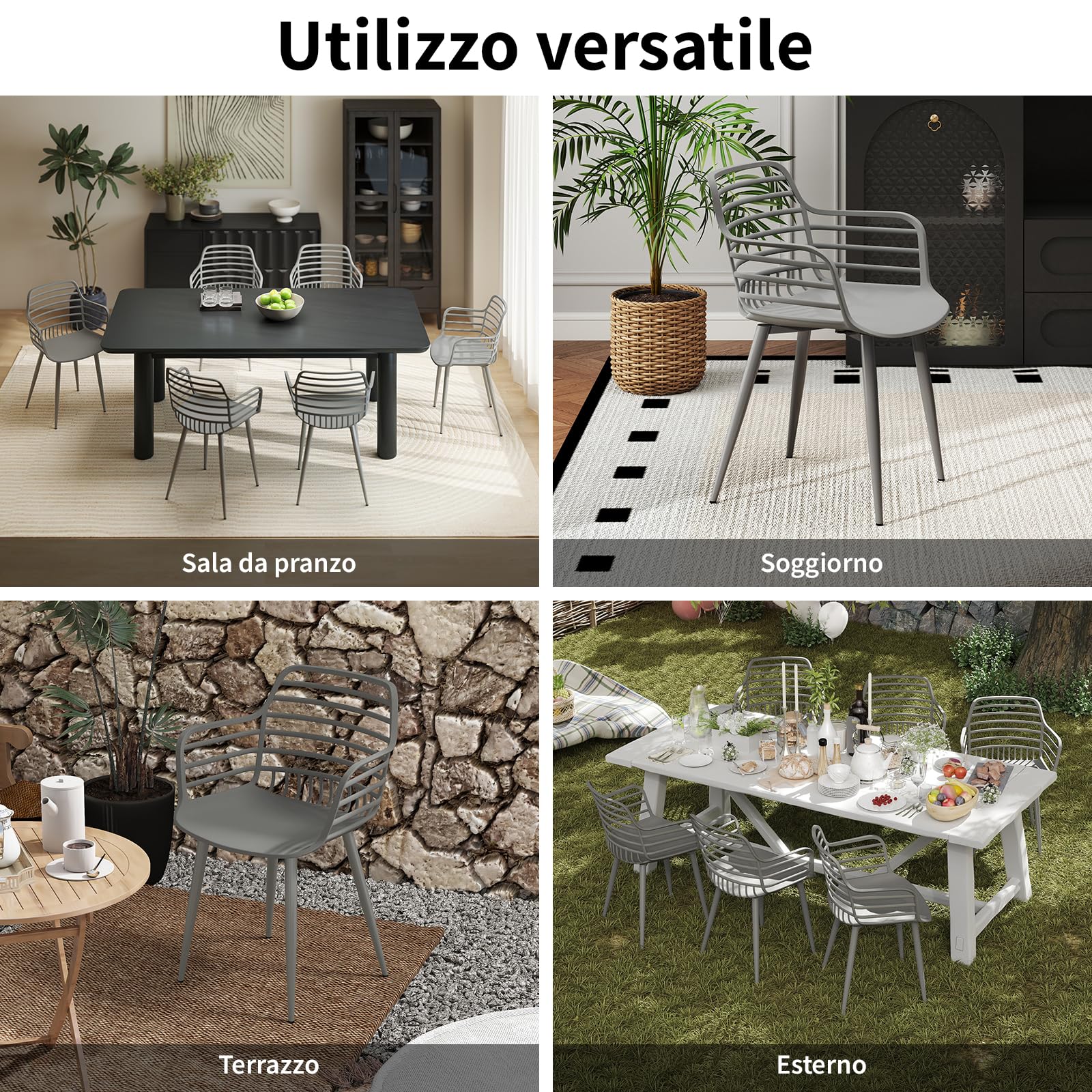 JIJIAN Set da 4 Sedie da Giardino con Braccioli Portata 120 kg Grigio | Plastica PP con Gambe in Ferro Traspirante Robusto Facile da Pulire Sedia Leisure per Balcone Giardino Terrazza Cucina