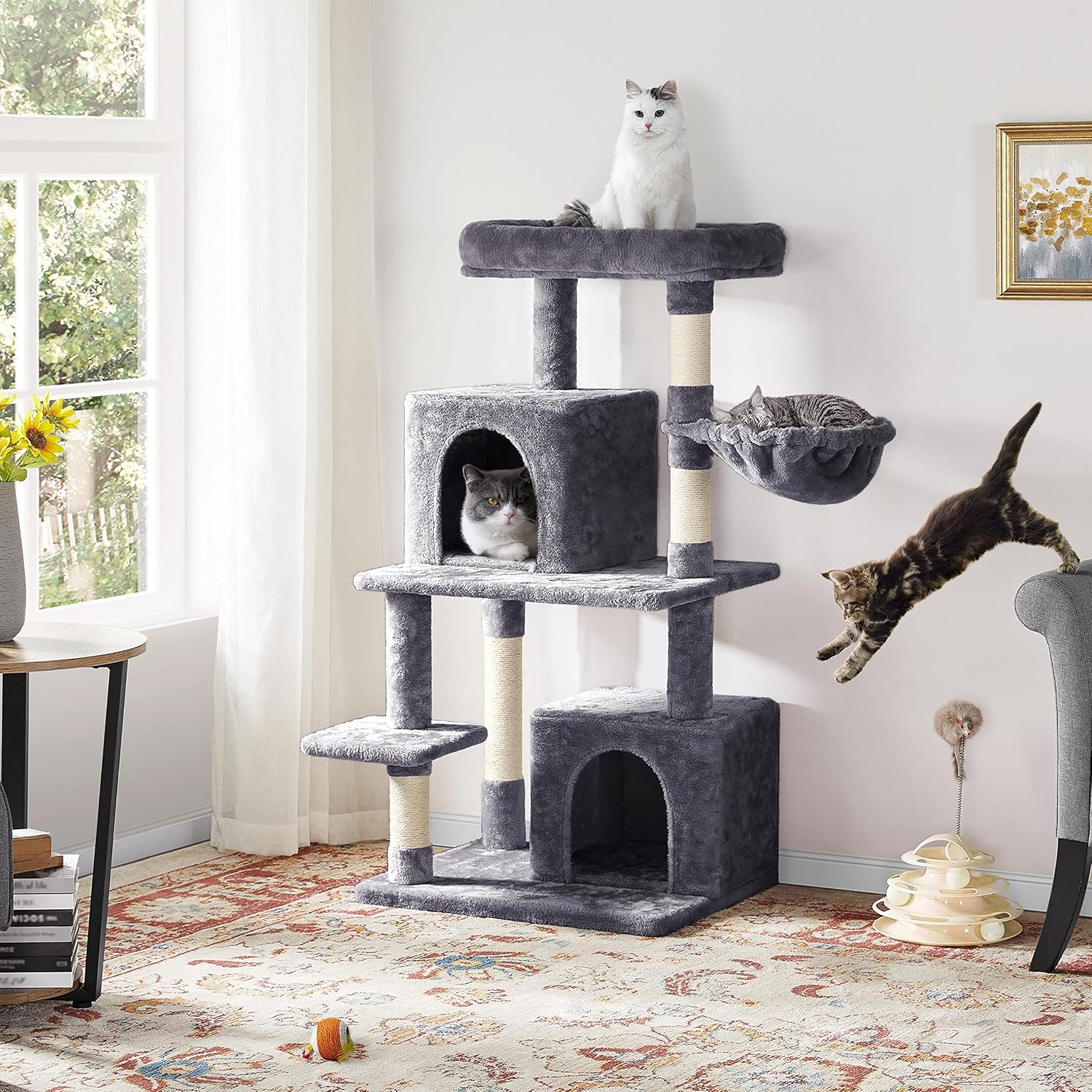 Topeakmart Cat Tree Large Cat Tower Cat Trees with Scratching Post, Condos, Basket, Top Perch for Indoor Cats Modern Play House as Activity Center for Cats and Kittens, 47in