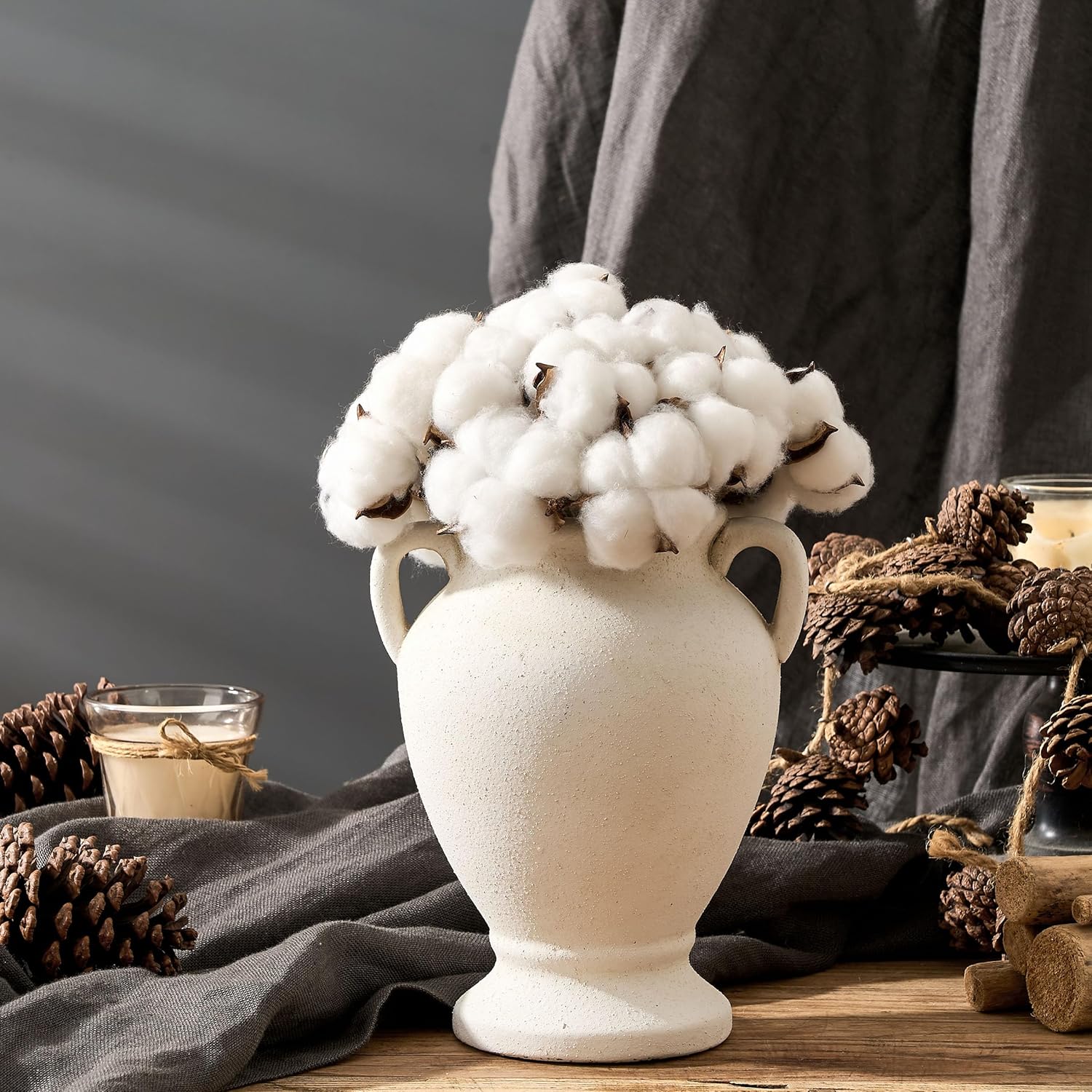 Ceramic Rustic Flower Vase with Handles, 8.46 Inch Tall Vintage Pottery Home Decor, Farmhouse Terracotta Vase for Living Room, Table, Shelf, Mantel Decoration, Farmhouse- White - Image 4