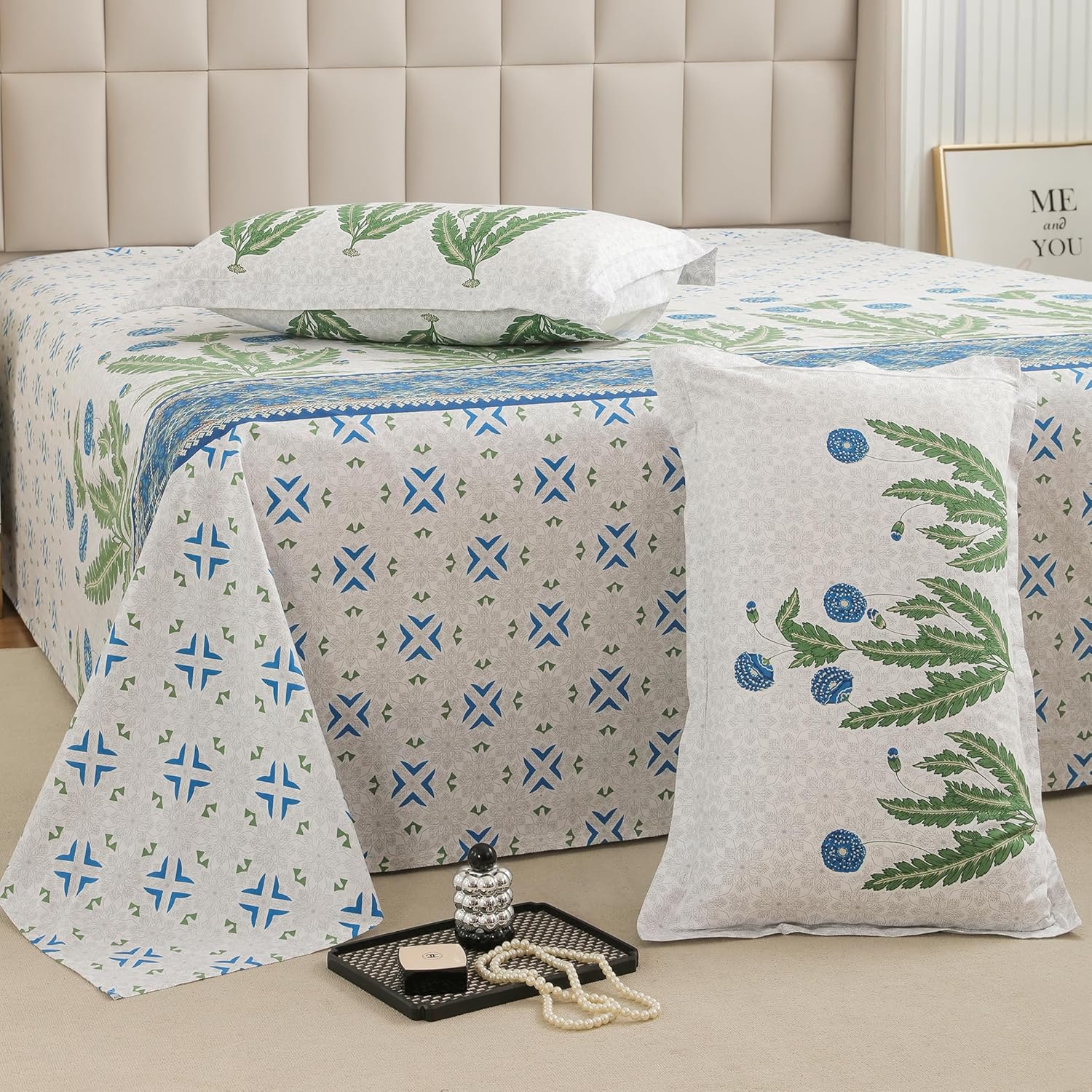 Story@Home Bedsheet for King Size Bed 240TC White & Sky Blue, Motif Design, 1 Piece Cotton bedsheets for King Size Bed with 2 Pillow Covers (270 x270cm) Perfect for Home Decor | 100% Cotton bedsheet
