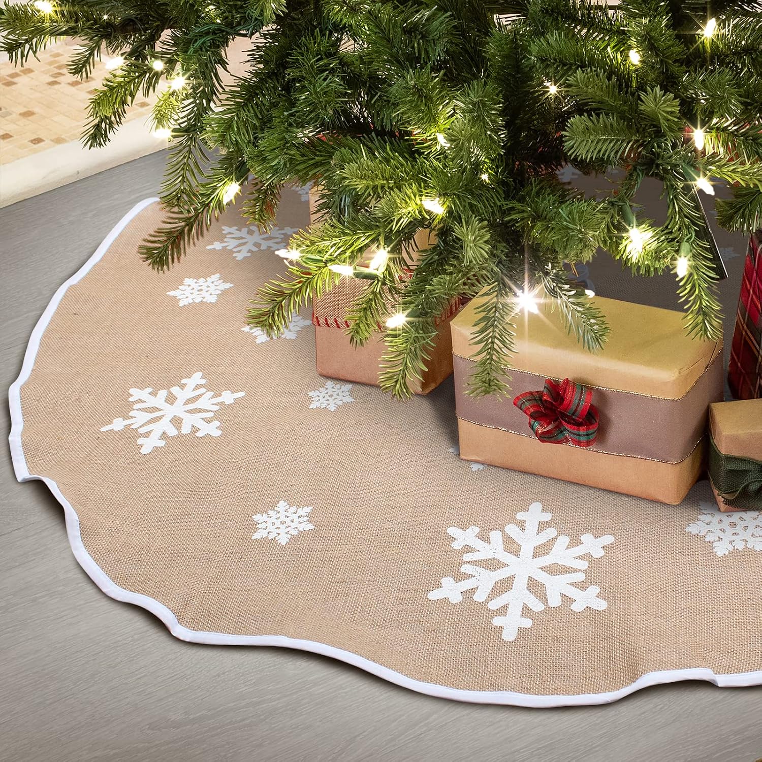Aytai Christmas Tree Skirt 48 Inch Rustic Tree Skirts White Snowflake Printed Christmas Decorations Indoor Outdoor