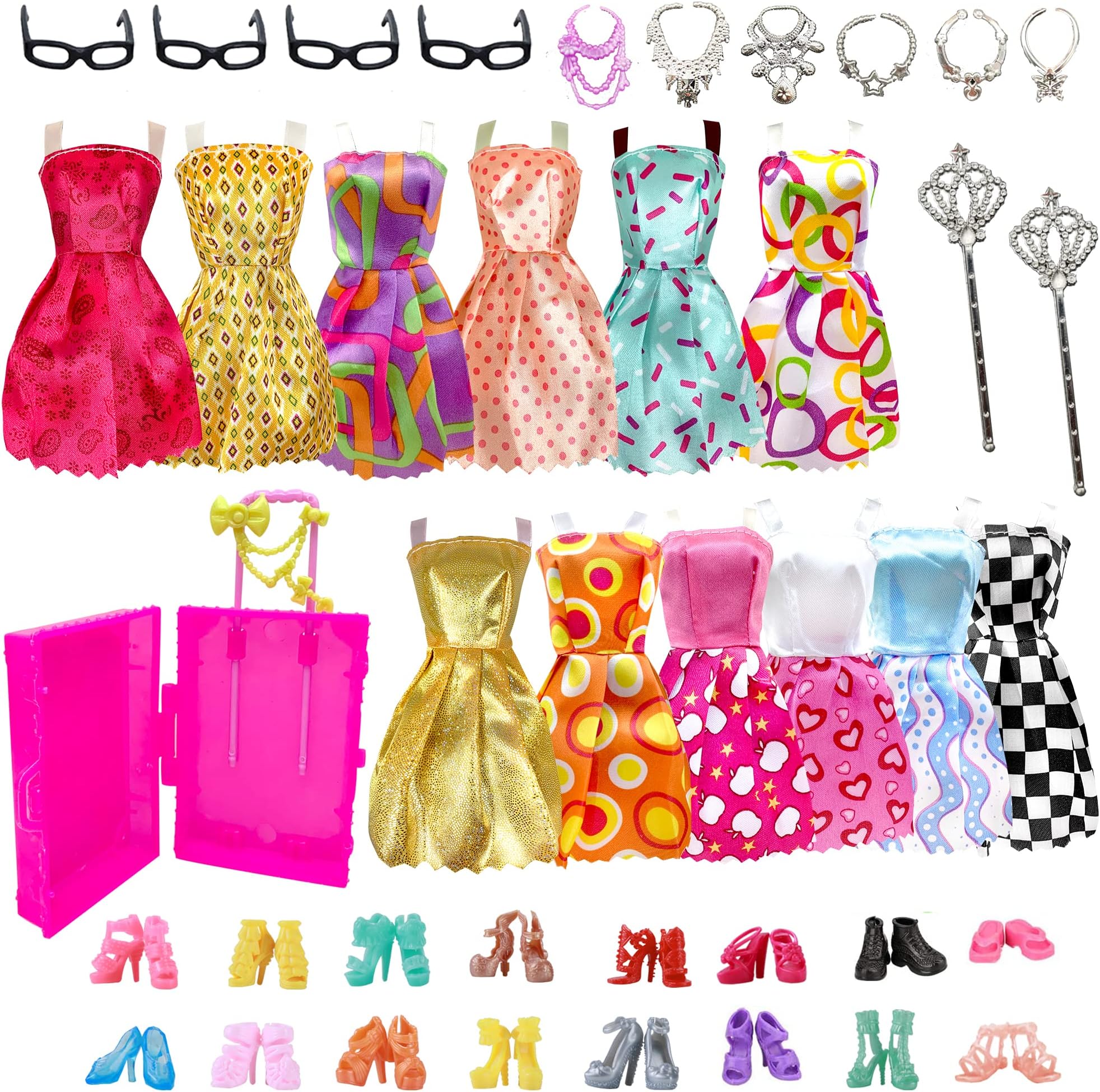 33 PCS 11.5 inch Doll Clothes and Accessories Set with Luggage, 10 Dresses, 10 Shoes, and Glasses Necklace for Dolls Gifts for Girls 3-12, Vestidos para Muñecas, Clearance