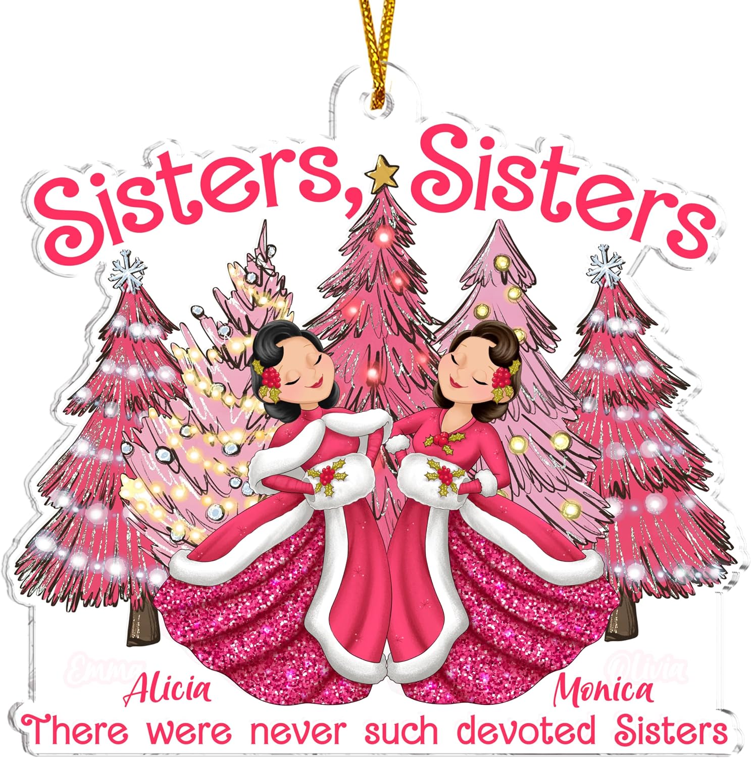Gossby Personalized Acrylic Sister Christmas Ornament - Custom Xmas Gift for Sister from Sister with Design Name - Pink Christmas Decoration for 2 Sisters - There were Never Such Devoted Sisters
