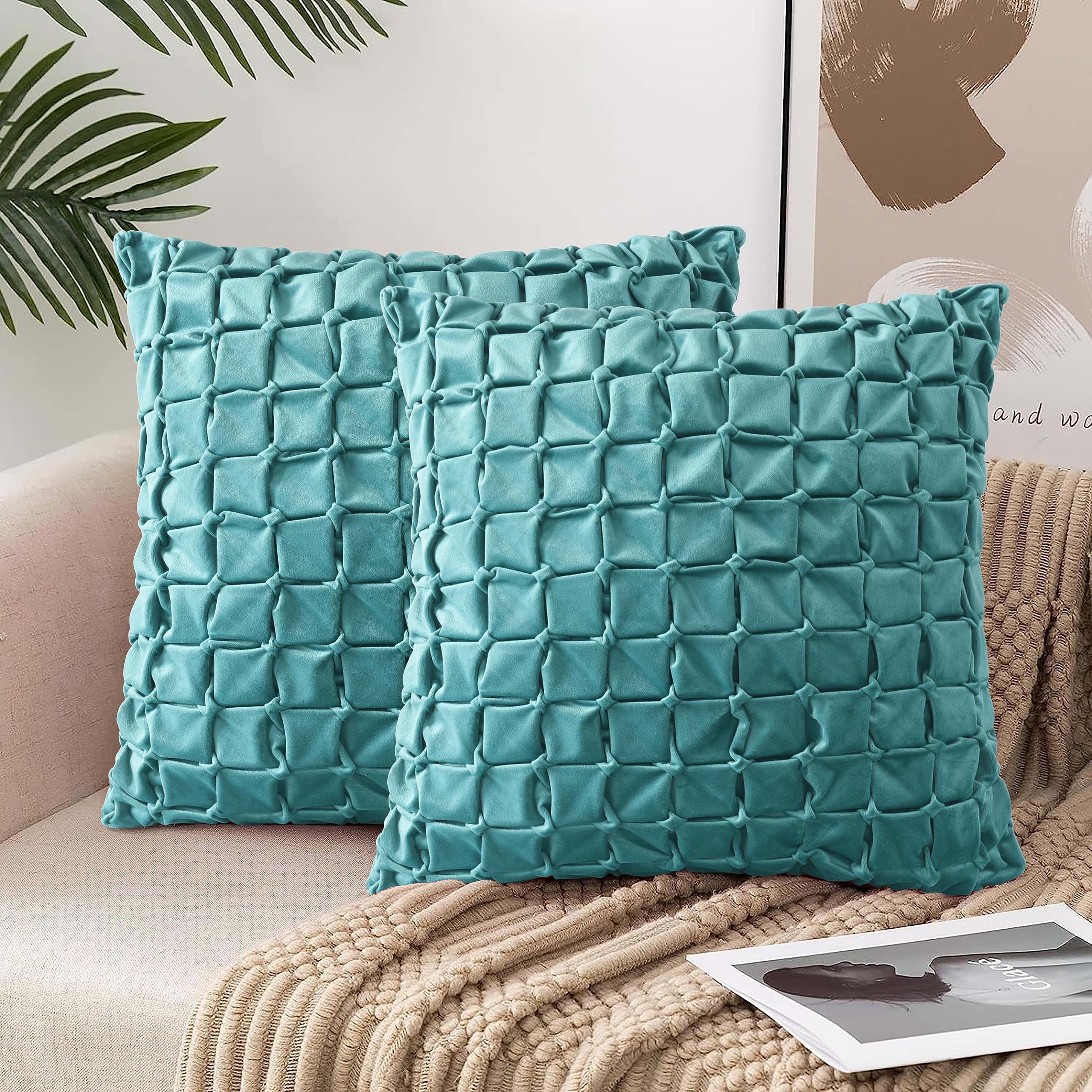 HIGPack of 2 Teal Decorative Throw Pillow Covers, 20 x20 Inch Extra Soft Velvet Pillow Covers with Handmade Pinch Pleats, Textured Square Cushion Covers for Sofa Living Room Chair Decor