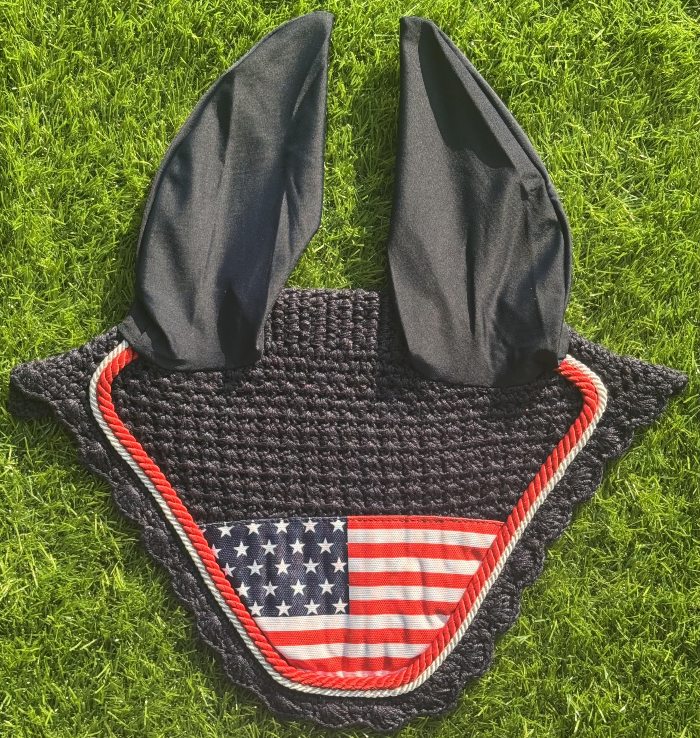 Elegant USA Flag Horse Ear Bonnet, Fly Veil & Fly Mask – Fly Protection with Style and Comfort for Every Ride (Pony)