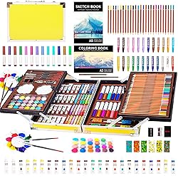 KINSPORY Art Supplies, 139 Pack Painting Drawing Art Kit with 2 Sketch Pads, Deluxe Double Layers Art Set Crafts, Colored Pencils, Oil Pastels, Watercolor Paints, Gift for Artists Kids (Yellow)