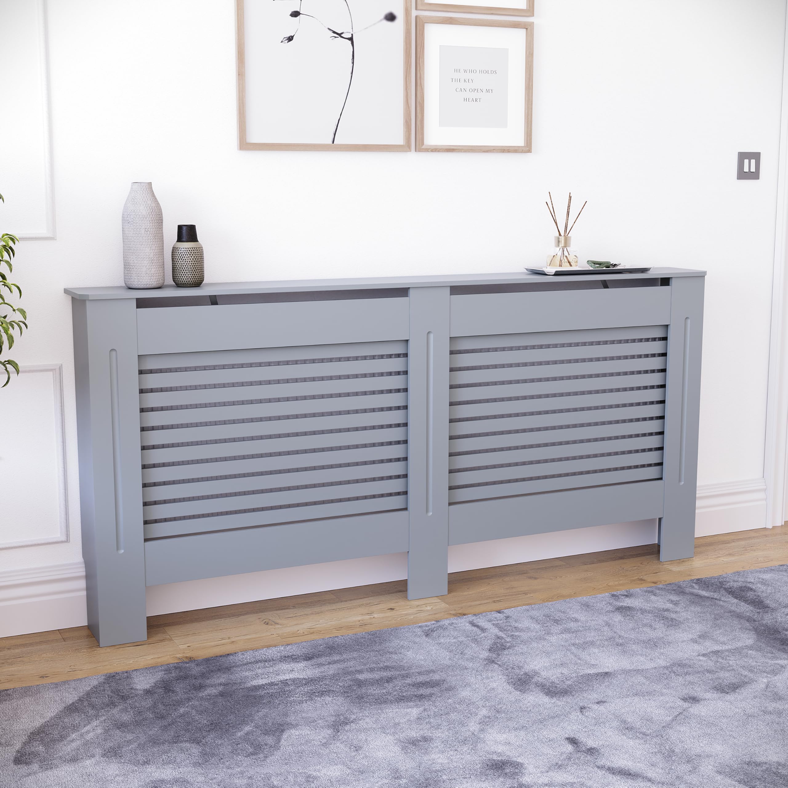 Vida Designs Milton Radiator Cover Grey - Extra Large - Modern Horizontal Slat Design For Optimal Heat Circulation - H82xW172xD19cm - Painted MDF Cabinet Ideal For Living Room & Hallway