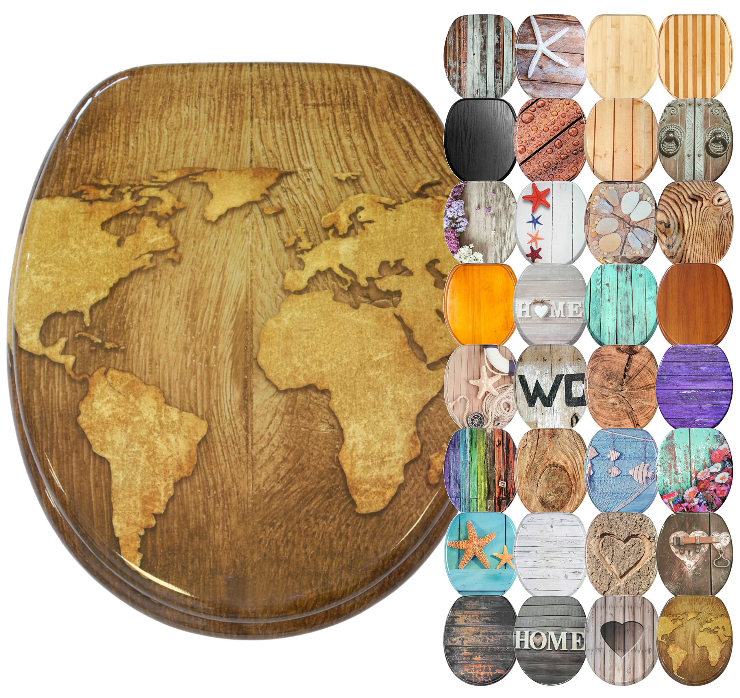 Sanilo Soft Close Toilet Seat, Wide Choice of Wooden Toilet Seats, Stable Hinges, Easy to Mount (World Map) โ image 1