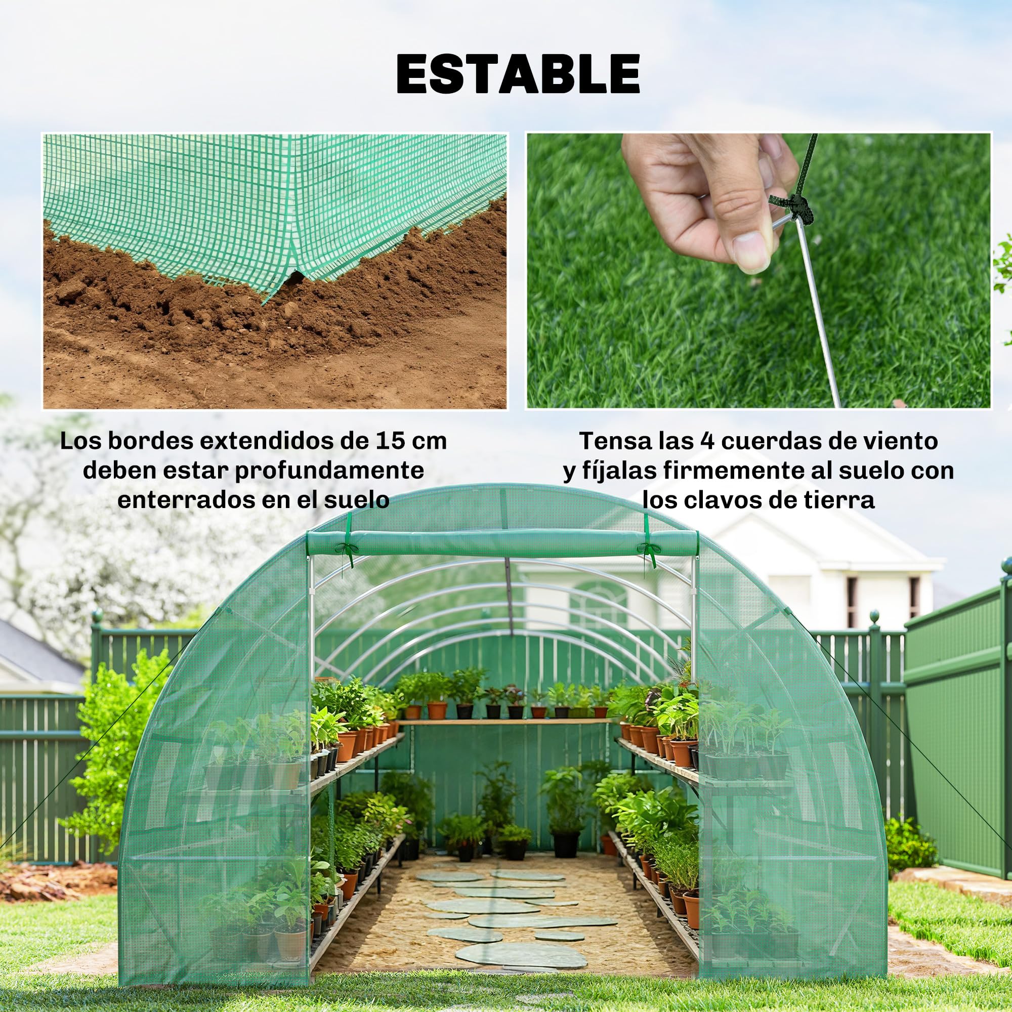 Outsunny Invernadero de Exterior Invernadero de Túnel 8x3x2 m Invernadero de Jardín con 12 Ventanas y Puerta Enrollable para Cultivo Plantas Tomates Verduras Acero y PE 140 g/m² Verde