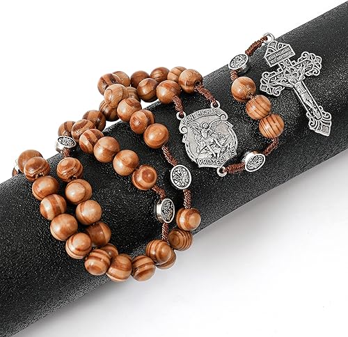 Miniatura 2 de Nazareth Store Rosario de cuentas de madera de San Miguel Sagrado Coronilla de oración de madera maciza con cruz de San Miguel y crucifijo de perdón