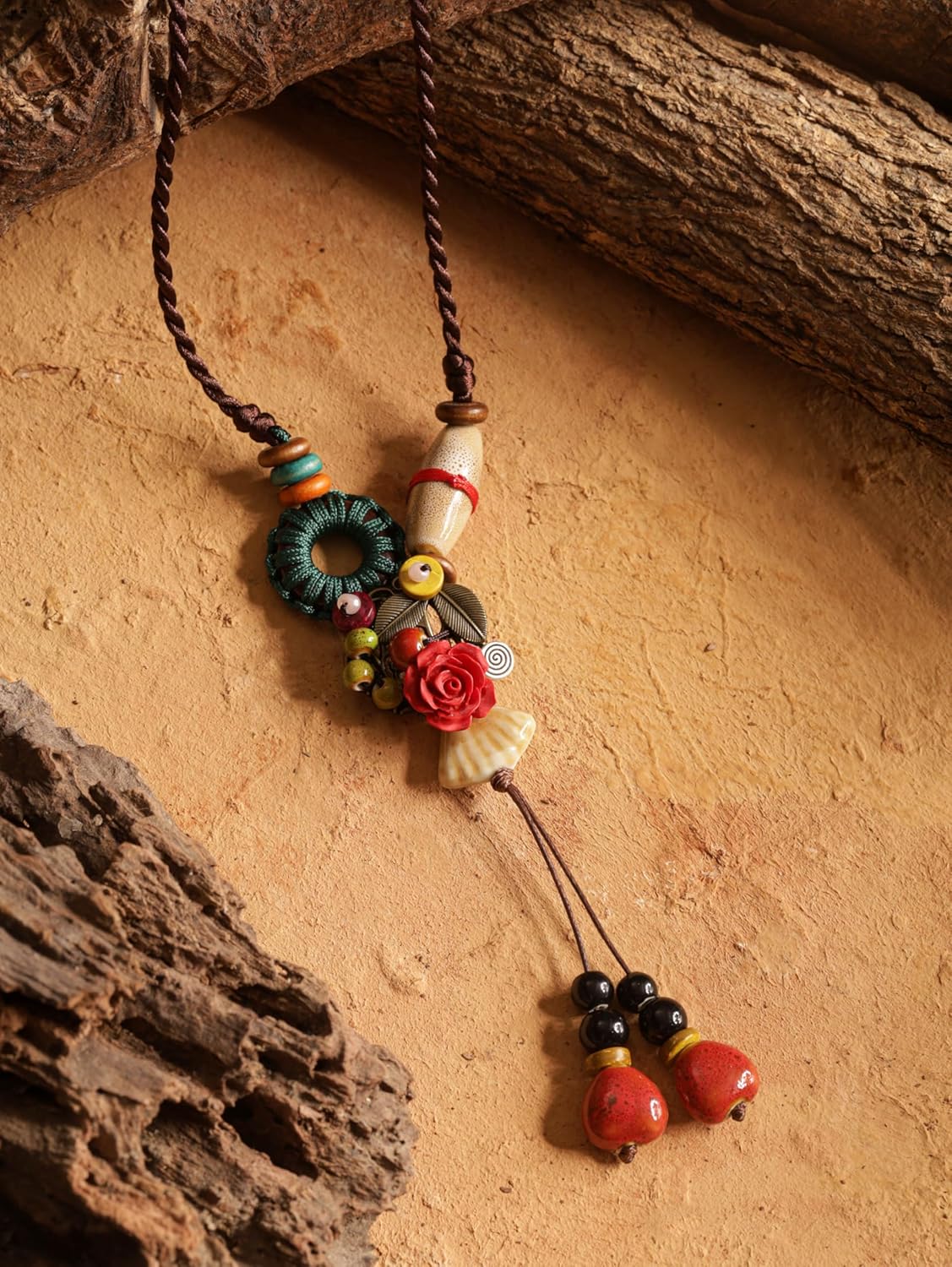 MINACHI Boho Hippie Colorful Ceramic Beads Strand O Ring Circle Charm Long Y Necklace, Vintage Bohemian Statement Jewelry Gift for Women - Image 3