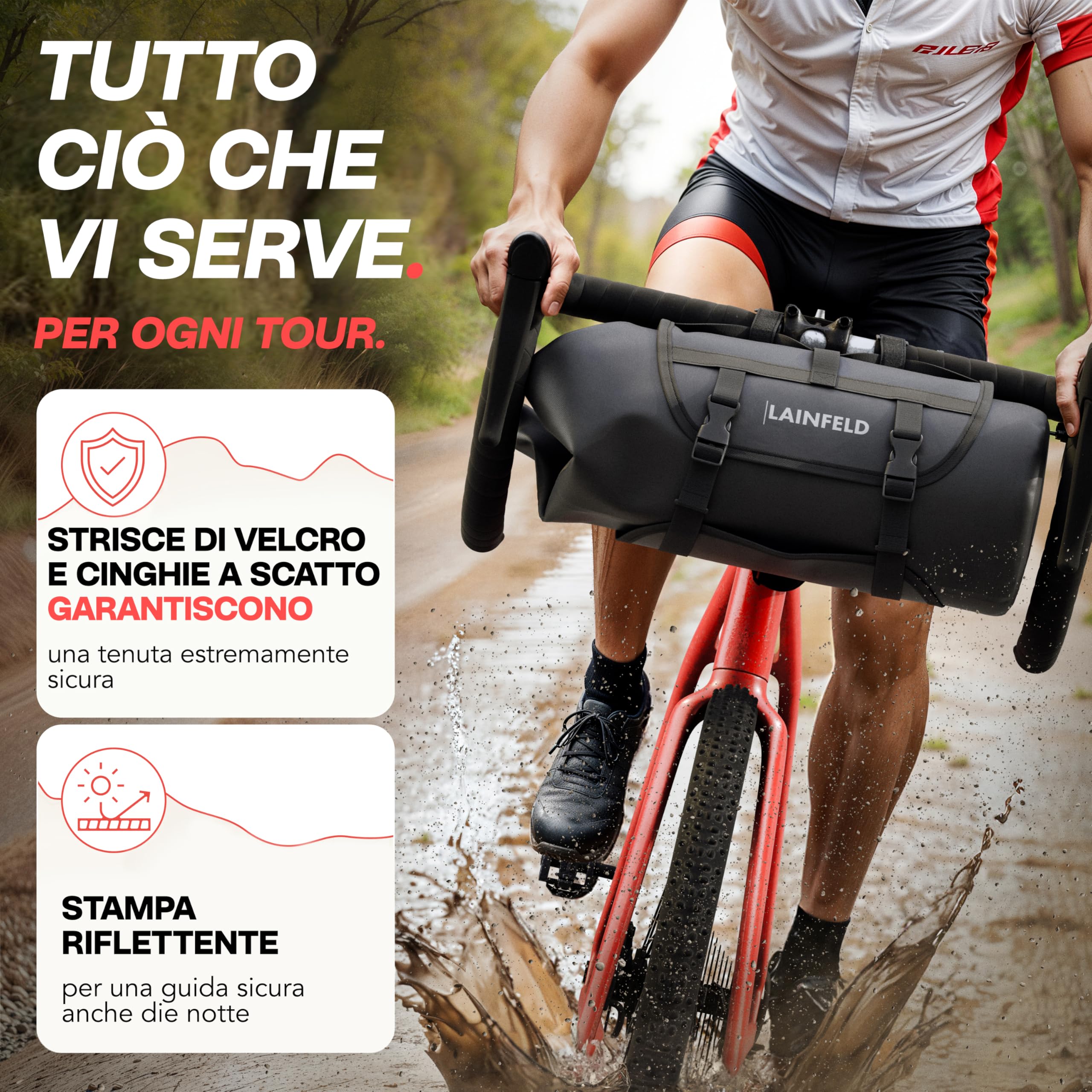 LAINFELD Borsa per manubrio bicicletta [8 litri] | 100% impermeabile | stampa riflettente – Borsa per bicicletta manubrio bicicletta anteriore bicicletta bicicletta bicicletta MTB