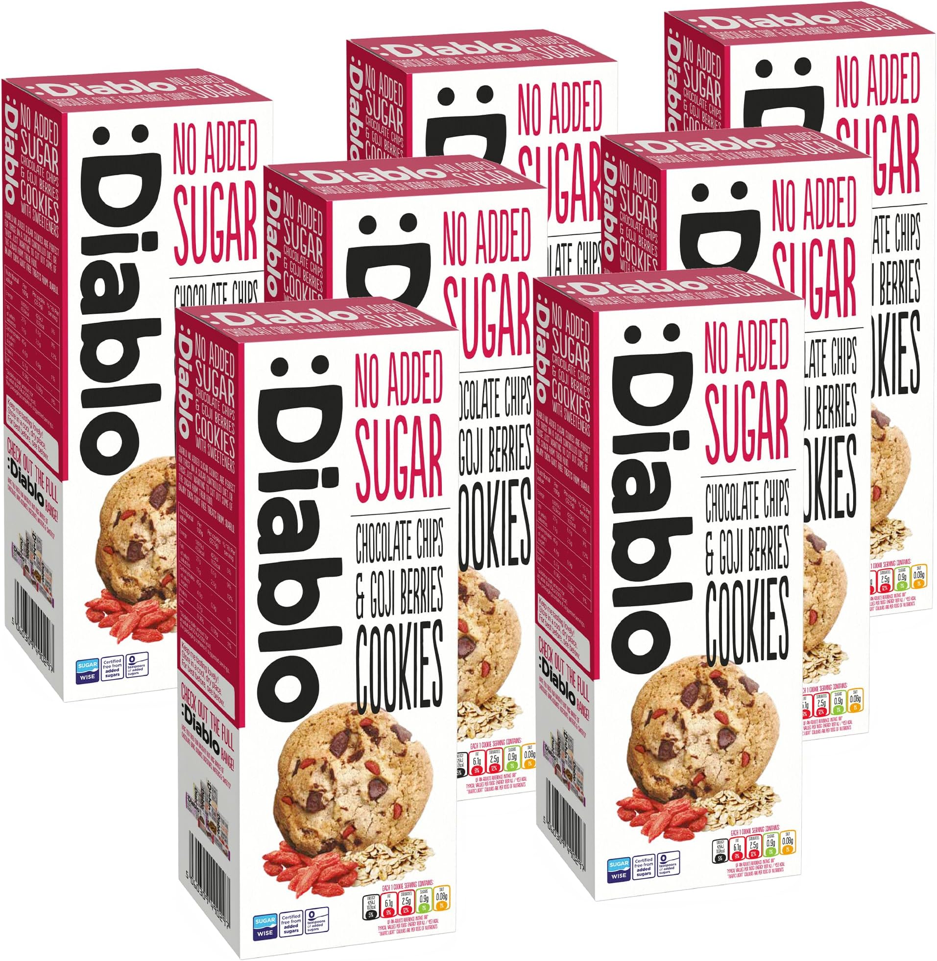 Diablo No Added Sugar Cookies, Chocolate Chips & Goji Berries – Low Sugar Snacks, Cookies Biscuits for All, Sweetened with Maltitol, Ideal for Gifting, Festive Hampers & Holiday – 135g Pack of 7