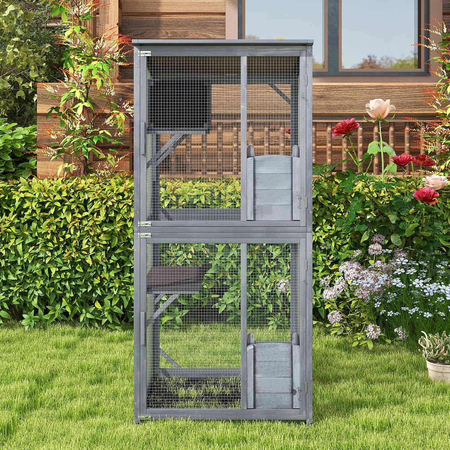 Tangkula Catio Outdoor Cat Enclosure, 72 Inch Wooden Cat House on Wheels with Resting Box, 2 Platforms & Weatherproof Asphalt Roof, Large Kitty Cat Condo Cage Playpen with Enter Doors & PP Layer