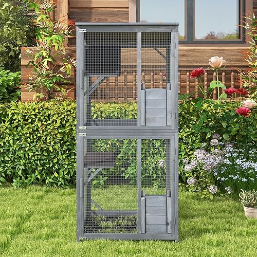 Miniatura 3 de Tangkula Catio - Recinto para gatos al aire libre, casa de madera para gatos de 72 pulgadas con caja de descanso, 2 plataformas y techo de asfalto
