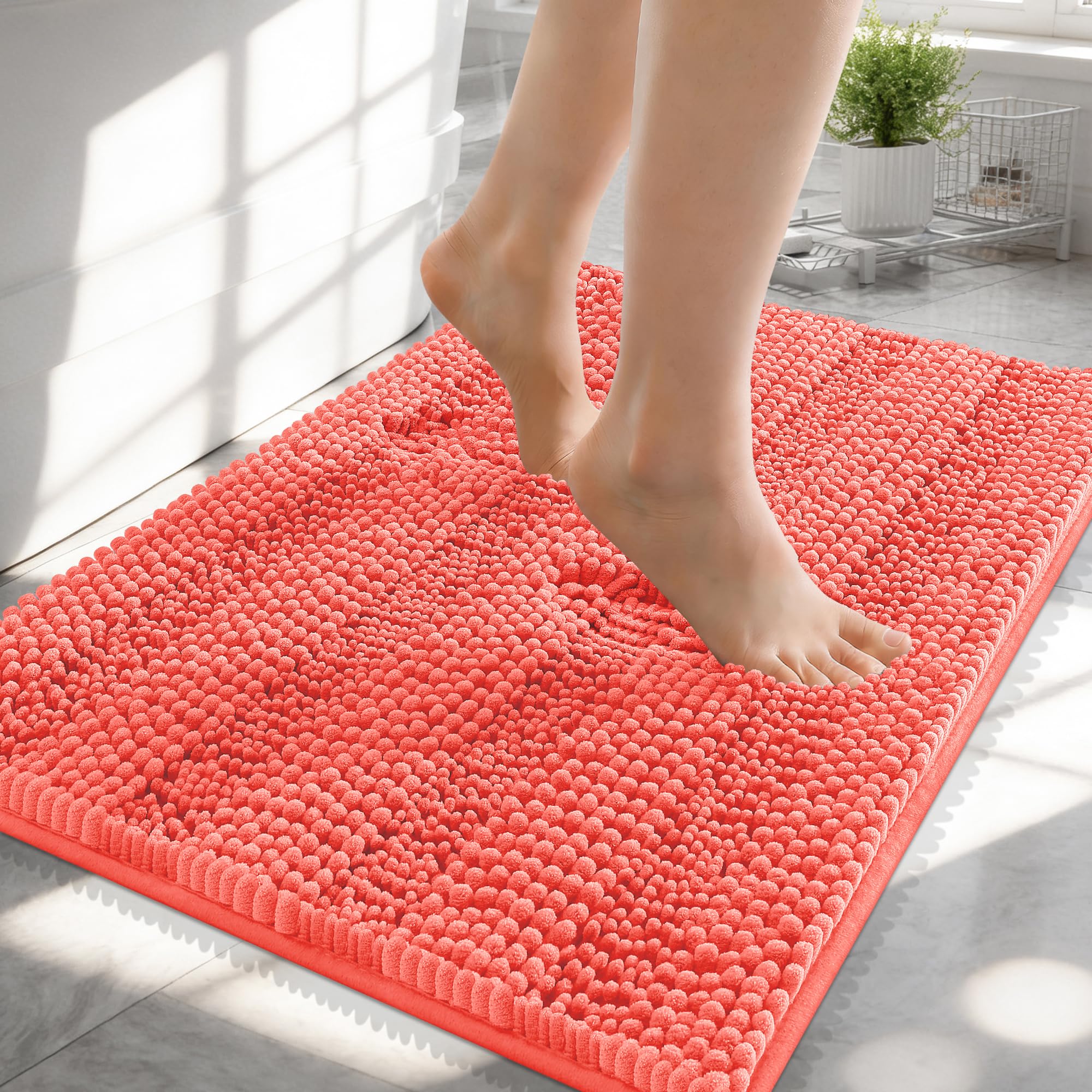 OLANLY Thick Small Bathroom Rugs 24x16, Soft Chenille Bath Rugs, Coral