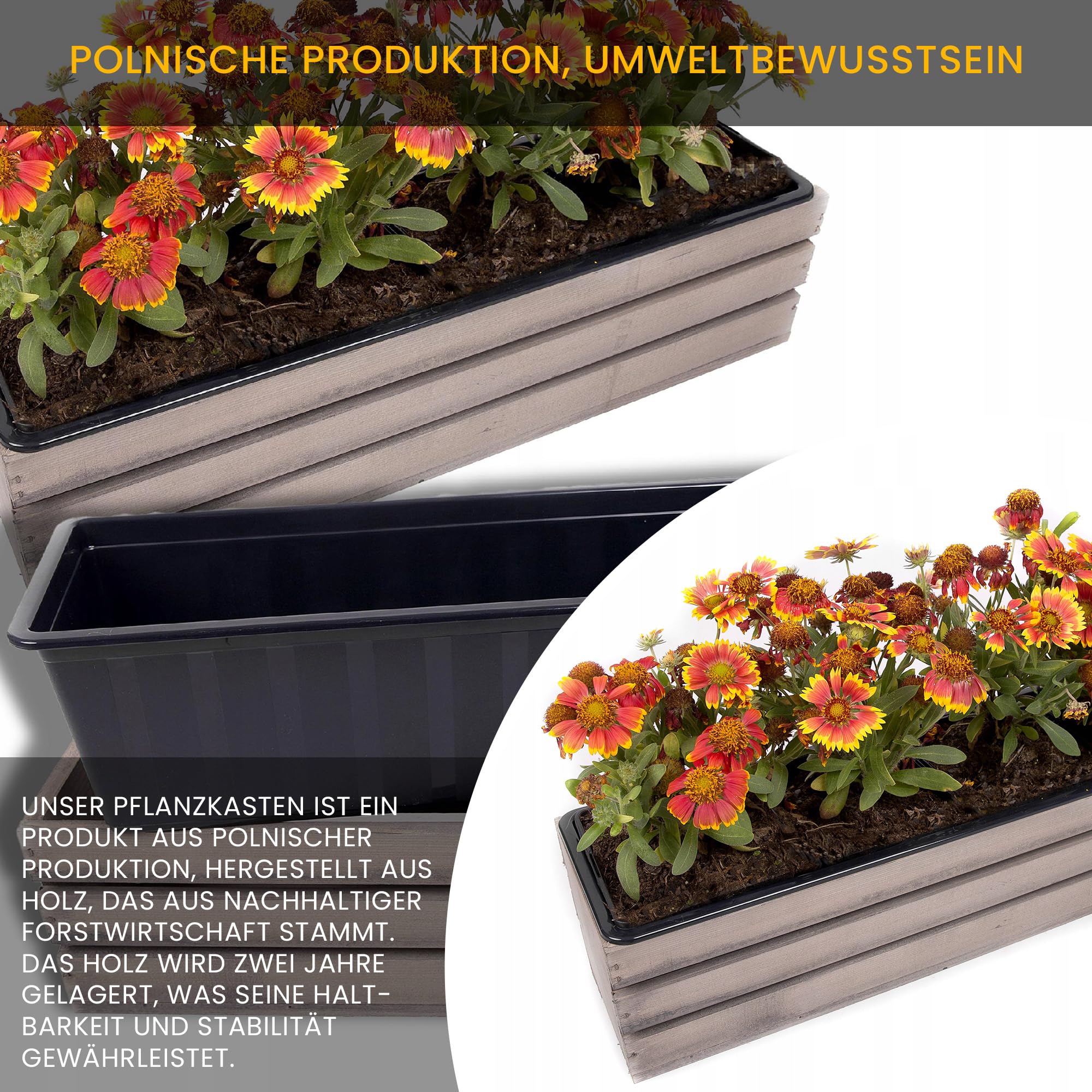 ECODECO Cassetta di Legno per Piante - Fioriera da Esterno con Inserto in Plastica - Vaso Rettangolare 18x60x15 cm per Balcone e Giardino - Contenitore Robusto Marrone