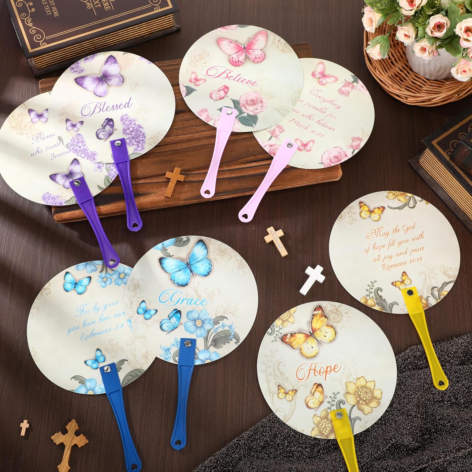 48 Pcs Christian Church Fans Bulk Blessed Church Plastic Fans Religious Hand Held Fans Bulk Religious Gifts for Women Men Church Services