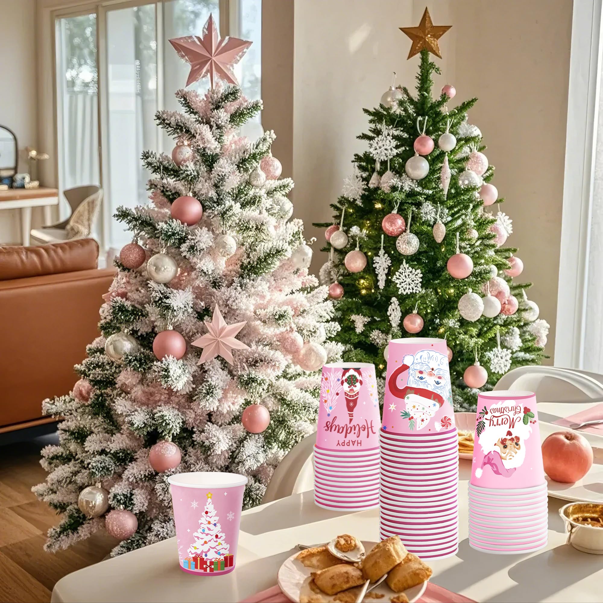 WRAPAHOLIC 100 vasos de papel de Navidad – 9 onzas, vasos desechables de Papá Noel, gnomo y árbol de Navidad, suministros de fiesta de vacaciones para jugo, café, bebidas frías y calientes
