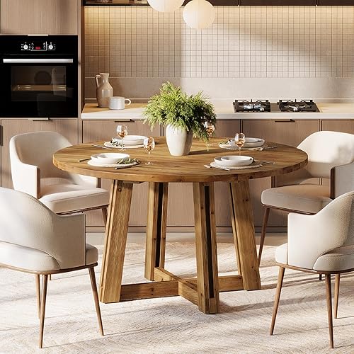 Miniatura 7 de Mesa de comedor de madera maciza de 47 pulgadas para 4-6, mesa de cocina redonda con patas de madera, muebles de cocina y comedor, color marrón