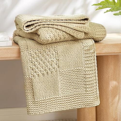 Miniatura 1 de Amélie Home Manta texturizada de morera, hecha a mano con borlas, gruesa, suave y esponjosa, tejida de lujo para sillón, sofá o cama (beige, 50 x 60