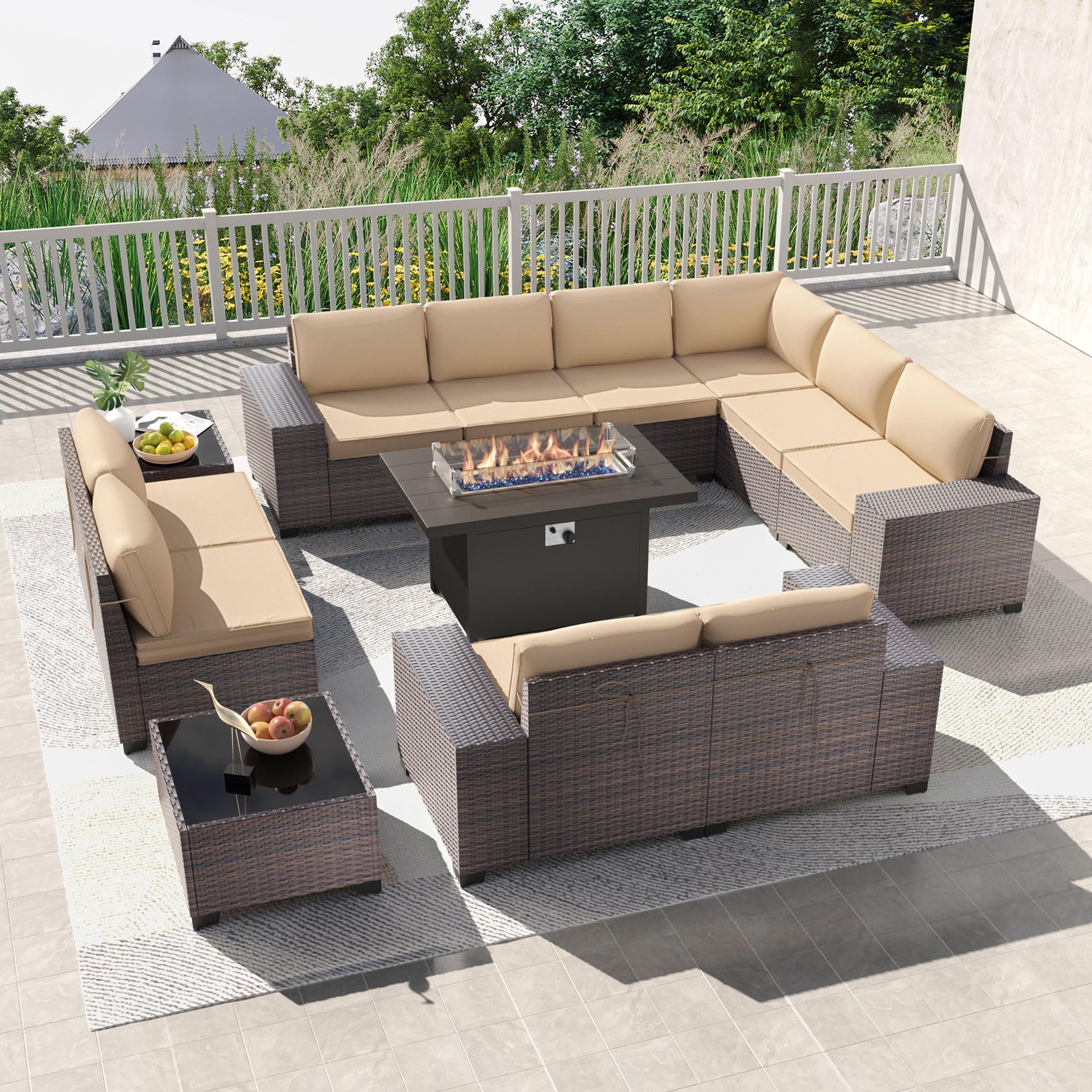 Kullavik 13PCS Outdoor Patio Furniture Set with 43" 55000BTU Gas Propane Fire Pit Table PE Wicker Rattan Sectional Sofa Patio Conversation Sets,Sand