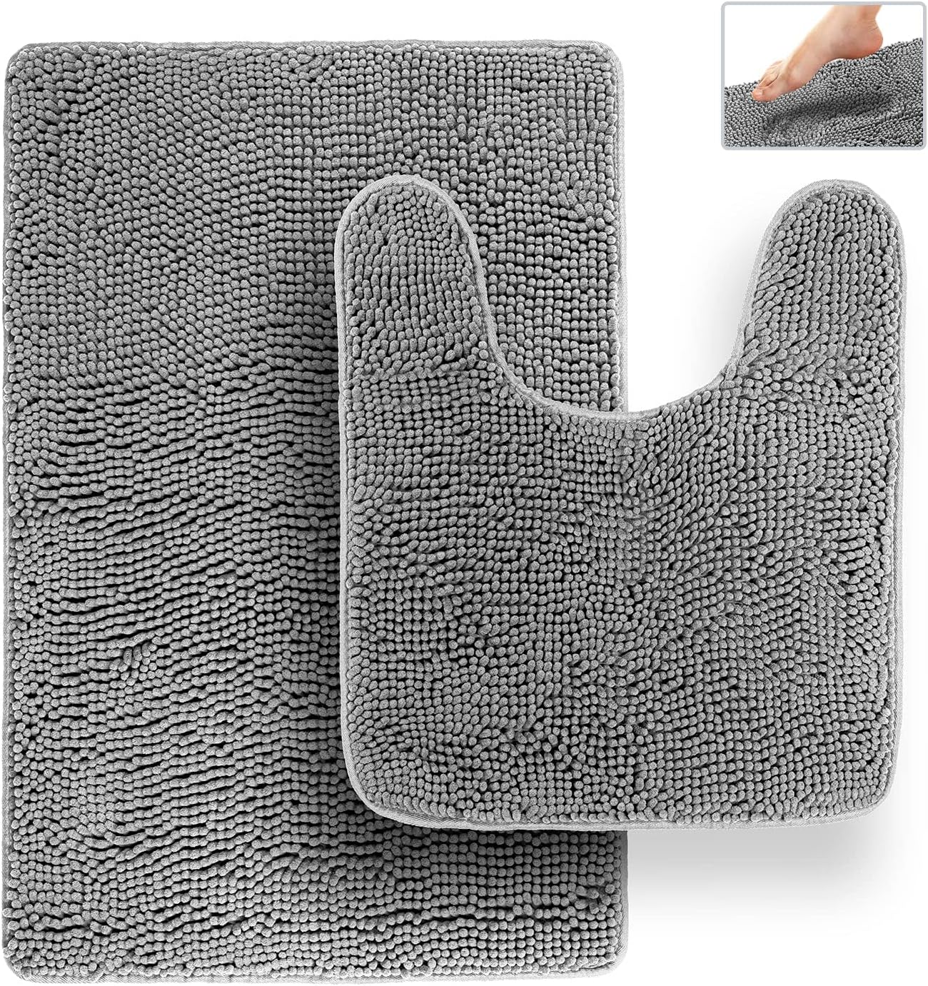 Tafts Bathroom Rugs, Extra-Thick Memory Foam Bath Mat, Ultra-Soft Chenille Microfiber, Highly Absorbent, Machine Washable, Shaggy Bath Mats for Bathroom, Circular Cutout (21x32 + 20x22, 2pcs) Grey