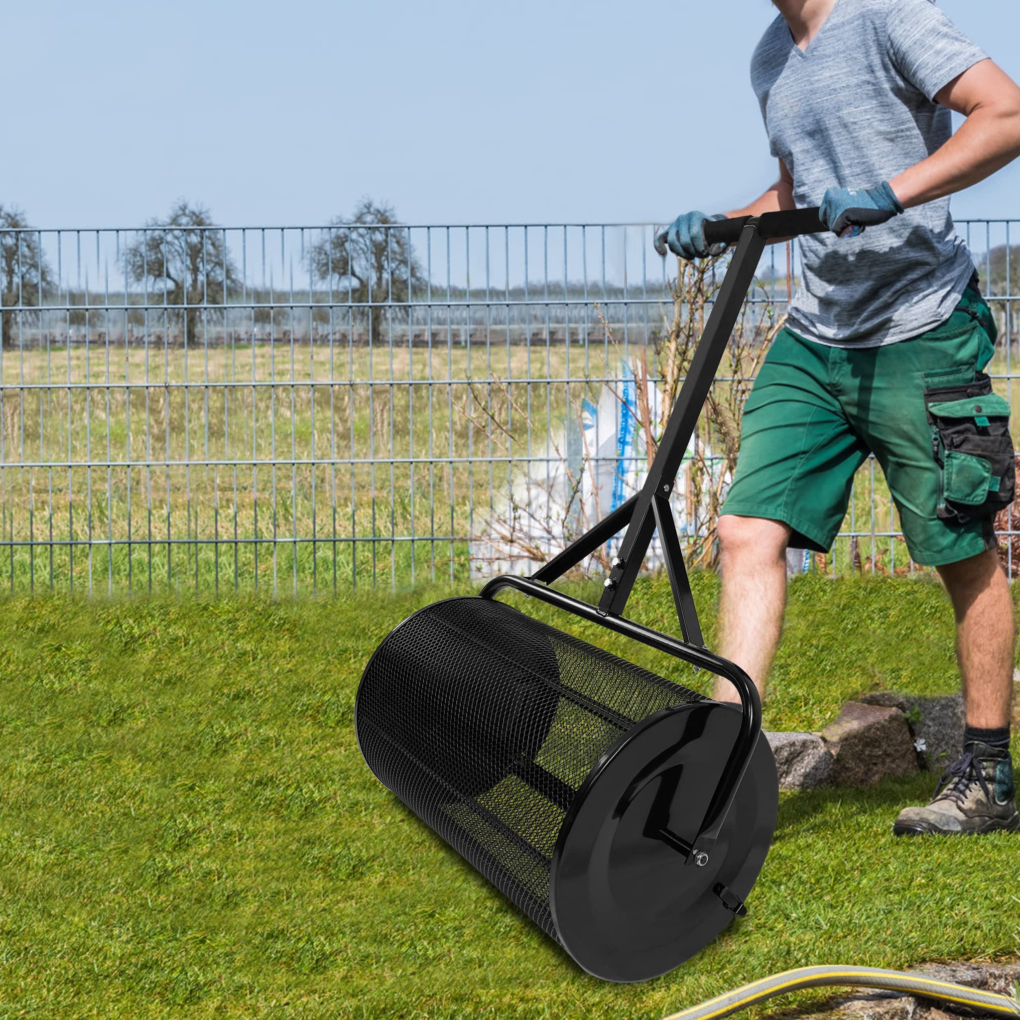 UISEBRT Kompoststreuer 80L Rasen- und Gartenstreuer mit Griff, 65cm Breit Kompost-Streuer und Torfmoos-Streuer mit Mesh-Korb Saatgutstreuer für Kompost Dünger Saat Torf, Schwarz
