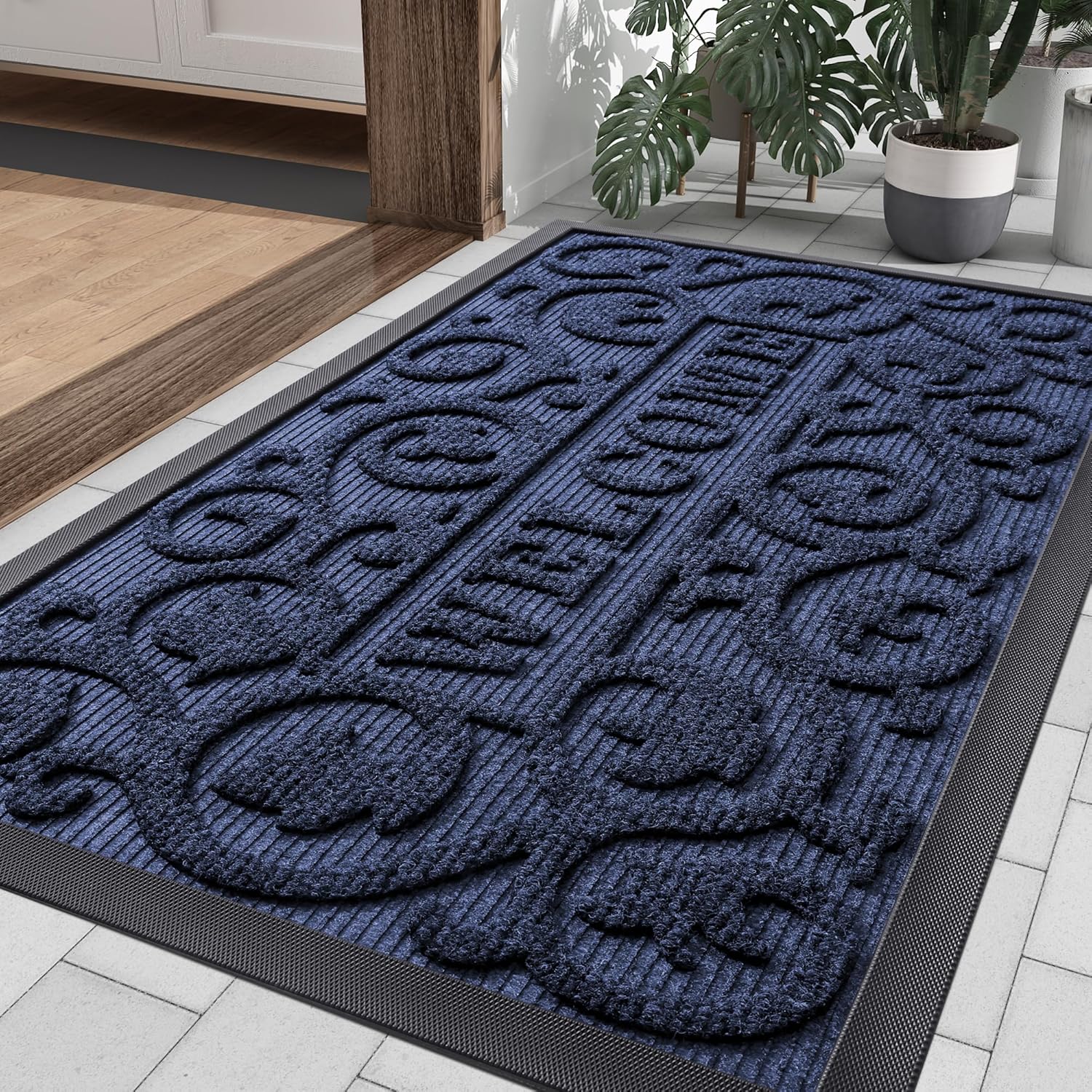 Smiry Welcome Door Mat Outside Entrance, Heavy Duty Trap Dirt and Moisture Easy Clean Low Profile Patio Porch Indoor Outdoor Front Doormat for Entry, 36x24 Inch, Navy Blue/Welcome 36" x 24" Navy Blue/Welcome