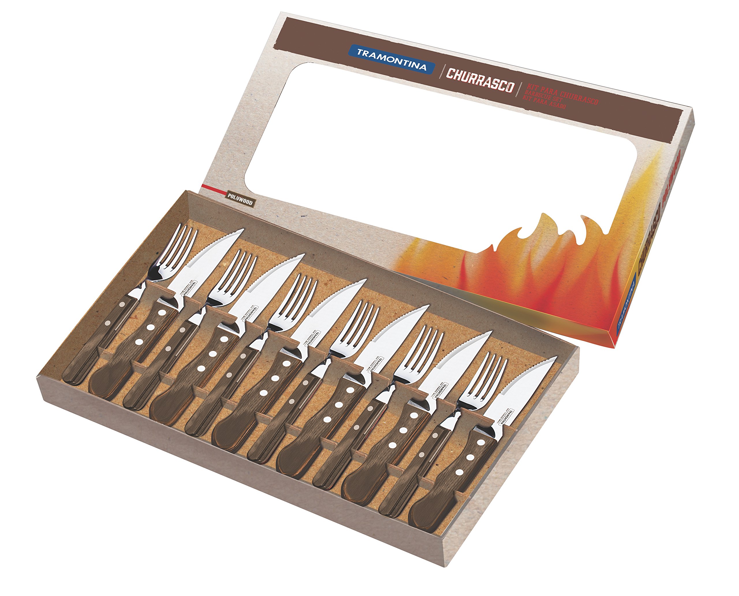 Tramontina Juego de 12 cubiertos para carne, AISI 420, madera auténtica, acero inoxidable, plata, 25.5