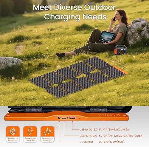 Miniatura 7 de FlexSolar Cargadores de paneles solares portátiles de 100 W con PD3.0 USB-C, QC3.0 USB-A y salidas de CC, plegables IP67 impermeables, para