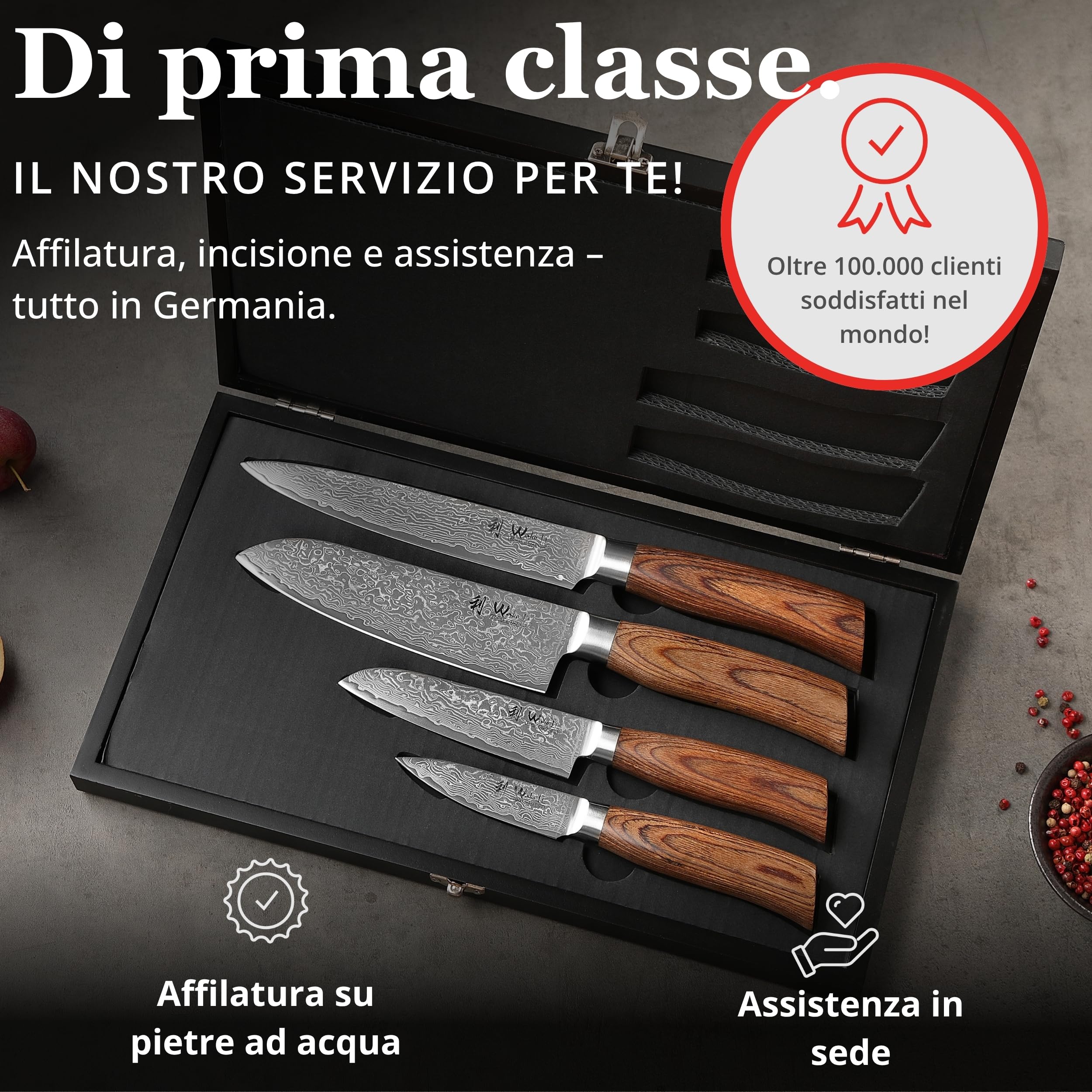 Wakoli EDIB Pro Damasco - Set di 4 coltelli da cucina in acciaio damasco a 67 strati con nucleo VG10, coltelli da chef con manici in legno pakkawood in confezione regalo