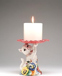 Cosmos Gifts 406-06 Fine Ceramic Cat with Pansy Flowers Design Candle Holder Candy Dish (Candle NOT Included), 5-1/2
