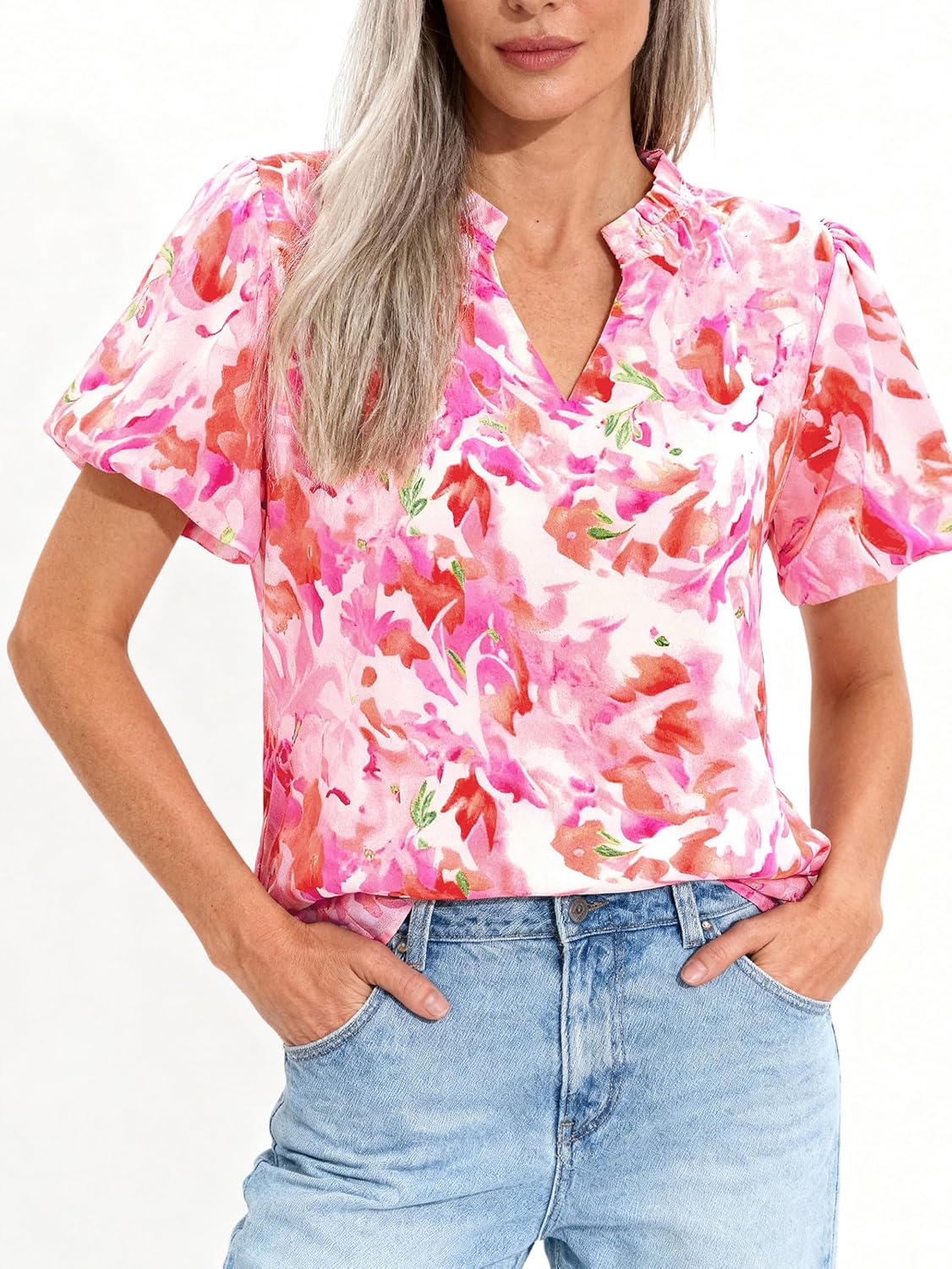 MASCOMODA Boho Short Sleeve Floral Work Blouses for Women Dressy Casual V Neck Puff Sleeve Loose Chiffon Flowy Tops Shirts - Image 4