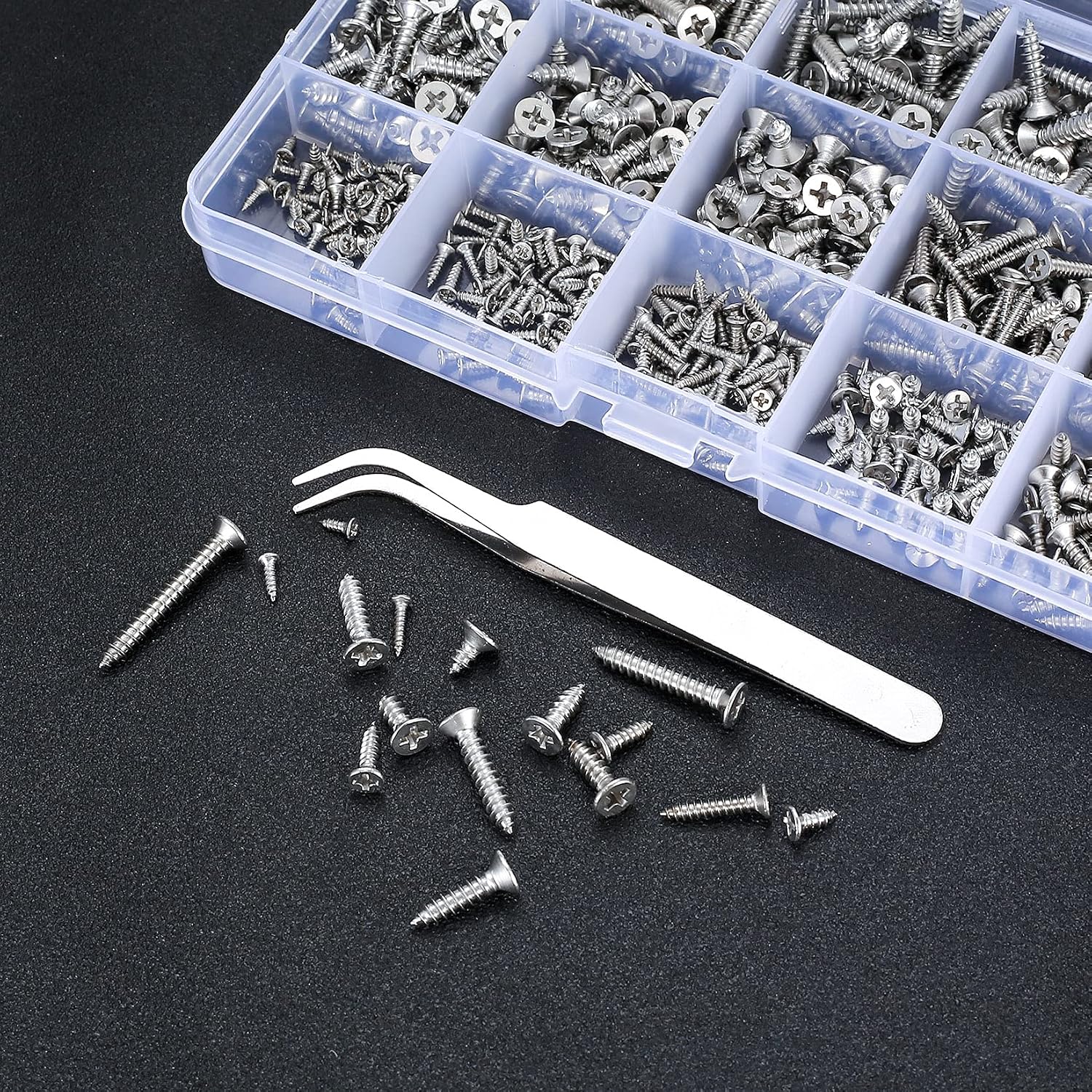 595 Pcs Self Tapping Screws Assortment Set, Flat Head Phillips Drive Wood Screws Kit, M2/M3/M4 Stainless Steel Metal Machine Screws Kit or Wood (595 Silver)