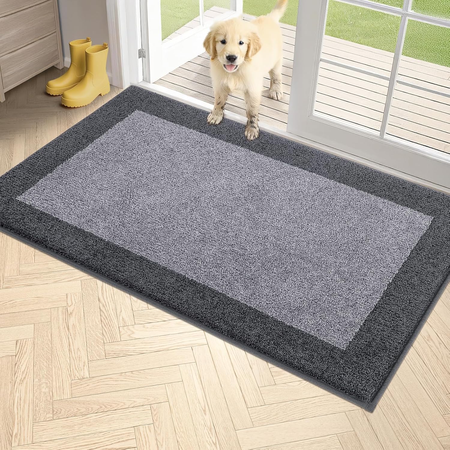 PURRUGS Dirt Trapper Door Mat 34" x 60", Non-Slip/Skid Machine Washable Entryway Rug, Shoes Scraper, Throw Rug, Super Absorbent Area Rug for Muddy Wet Shoes and Paws, Light Grey & Grey