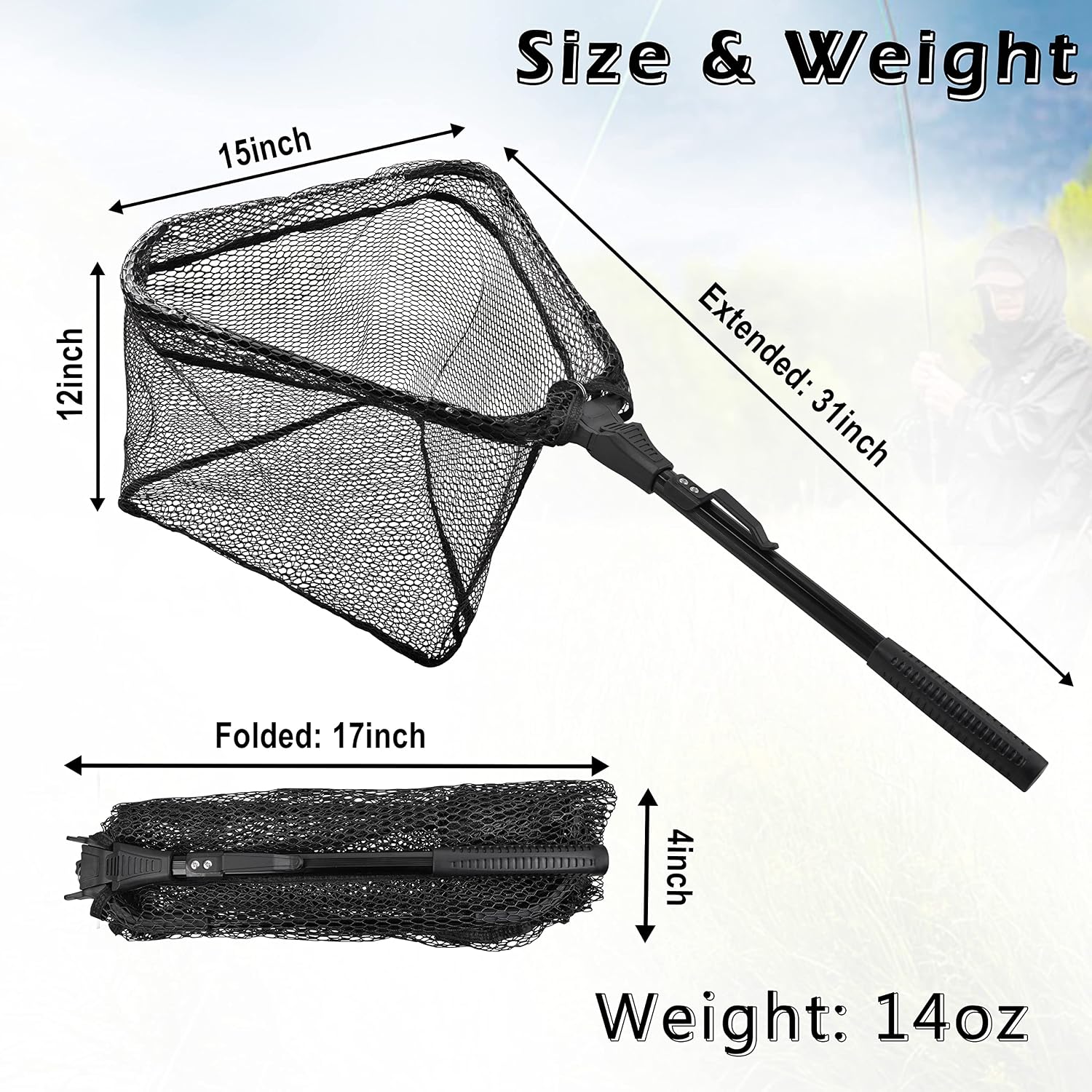 Folding Fishing Landing Net, Collapsible Fishing Nets with Telescopic Pole Handle Rubber Floating Fishing Net for Kayak Boat Saltwater Freshwater Safe Fish Catching or Releasing