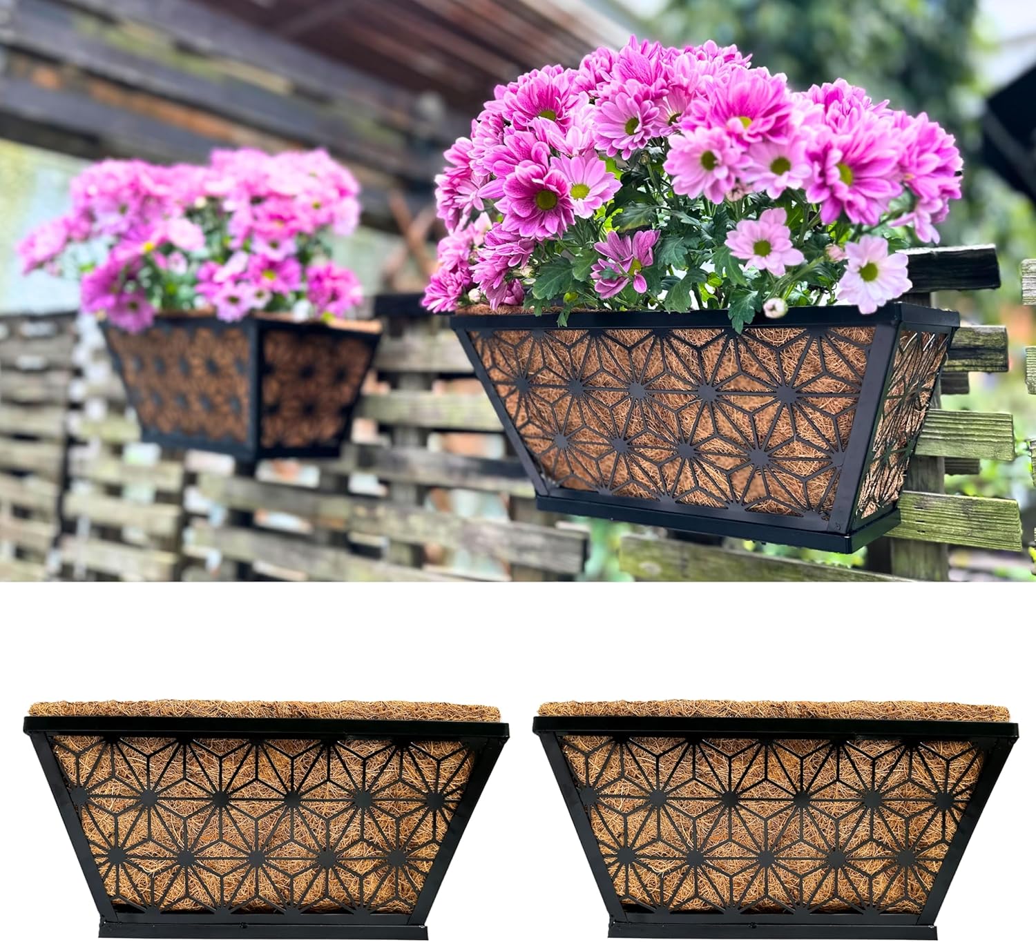 LaLaGreen Window Boxes Planter for Outdoor Plants (2 Pack, 12 Inch) Black Metal Small and Cute Rectangular Flower Pot Wall Planters with Coco Liner Horse Trough Deck Railing Garden Balcony Fence Patio