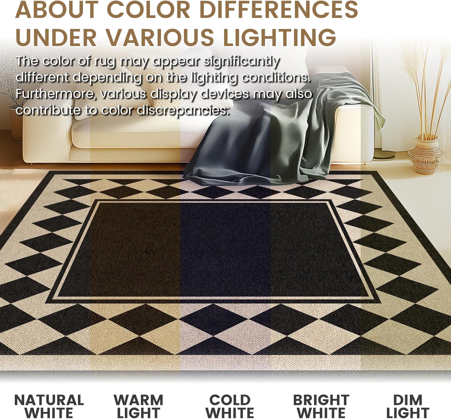Washable Checkered Easy Jute Rug 5x7, Black Checkerboard Geometric Modern Outdoor Indoor Patio Large Bordered Rug, Woven Thin Carpet for Living Dining Play Room Bedroom Classroom Kids Nursery