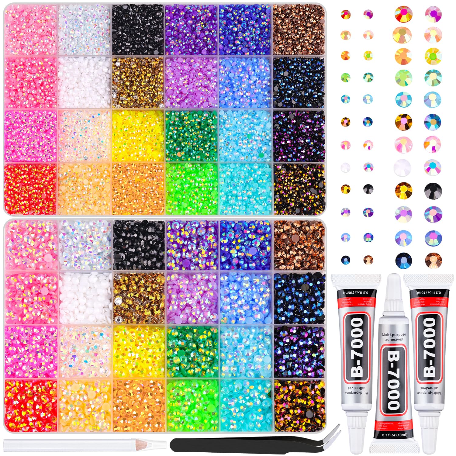 TINKRSTUFF Jelly Rhinestones Bulk Set, 38500Pcs 3mm&5mm Multicolor Flatback Resin Gems with 3x 10ml B7000 Glue | Bedazzling Kit for Crafts - main product image