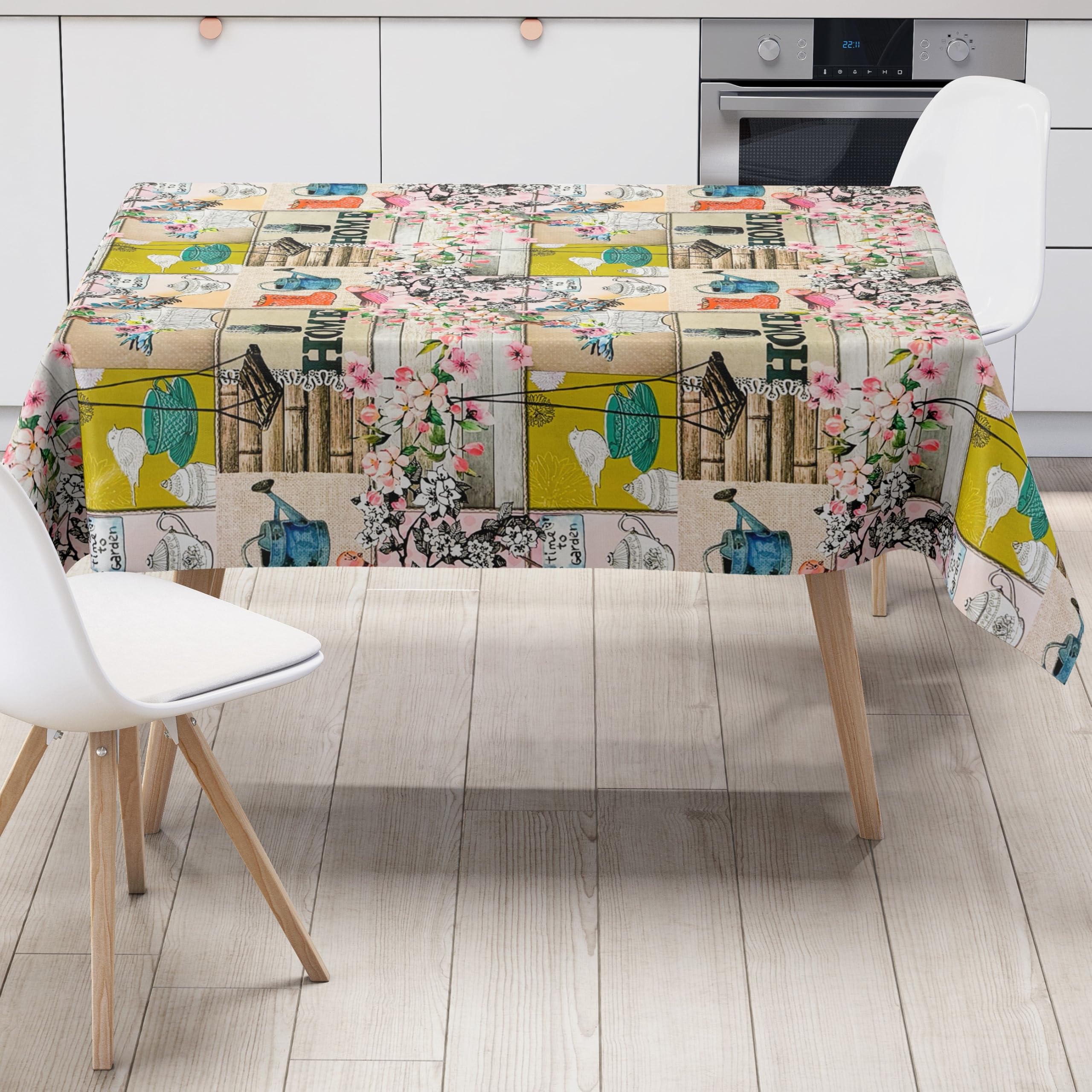 KEVKUS Nappe en toile cirée - Largeur : 160 cm - Motif oiseaux et fleurs de cerisier - Bois au choix - Rectangulaire, ronde et ovale - Dimensions : rectangulaire 160 x 180 cm avec ruban passepoilé