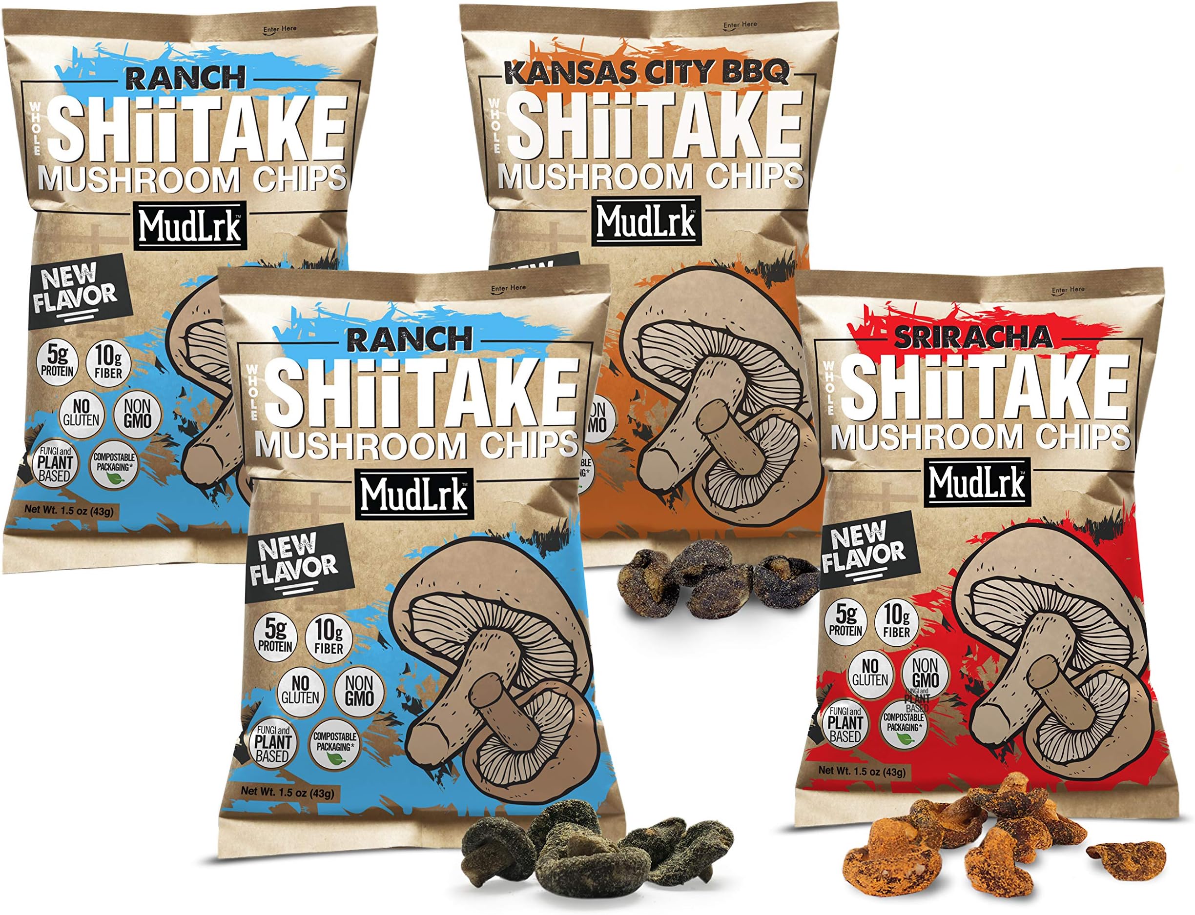 MudLrk Shiitake Mushroom Crisps Variety Pack of 4 โ Crunchy Whole Shiitake Mushroom Snacksโ Non-GMO, Vegan, Gluten-Free, Plant Based Chips