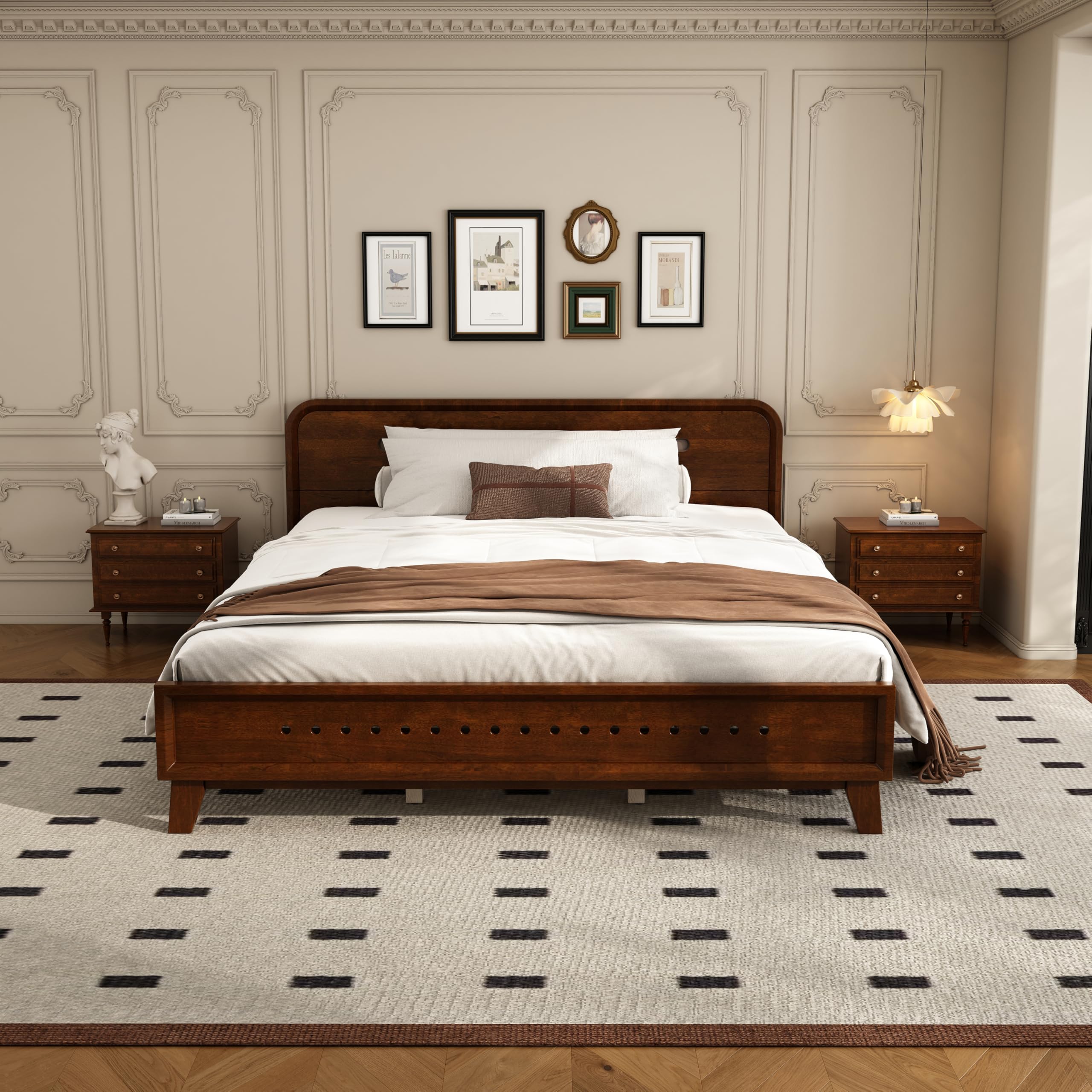 Merax Mid-Century Modern Queen Bed Frame Pine Wood Platform Bed with Headboard, Under Bed Storage Space, No Box Spring Needed, Require Assembly (Dark