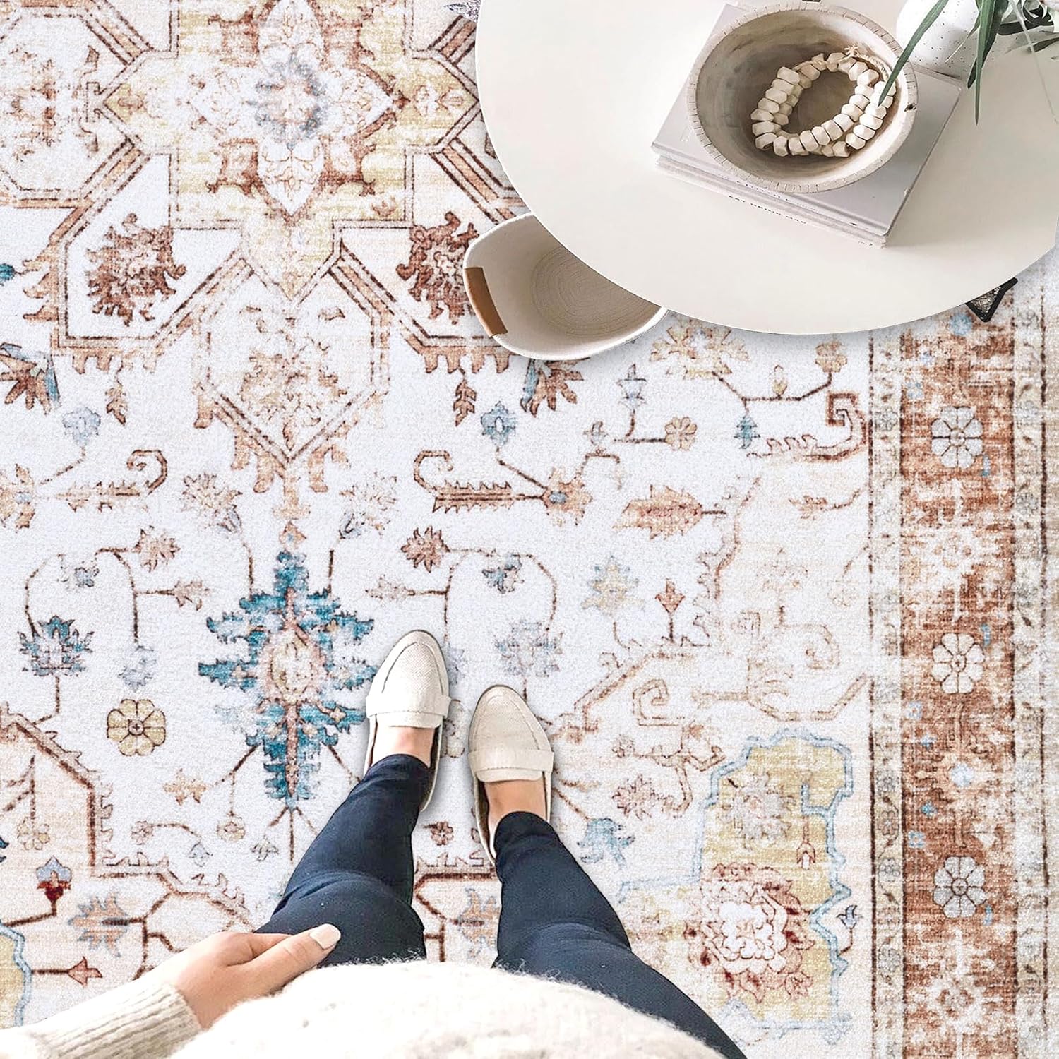 8x10 Area Rugs Living Room: Washable Boho Vintage Medallion Rug Indoor Soft Non Slip Ultra Thin Non-Shedding Large Carpet for Bedroom Classroom Home Office (Olive Brown 8'x10')