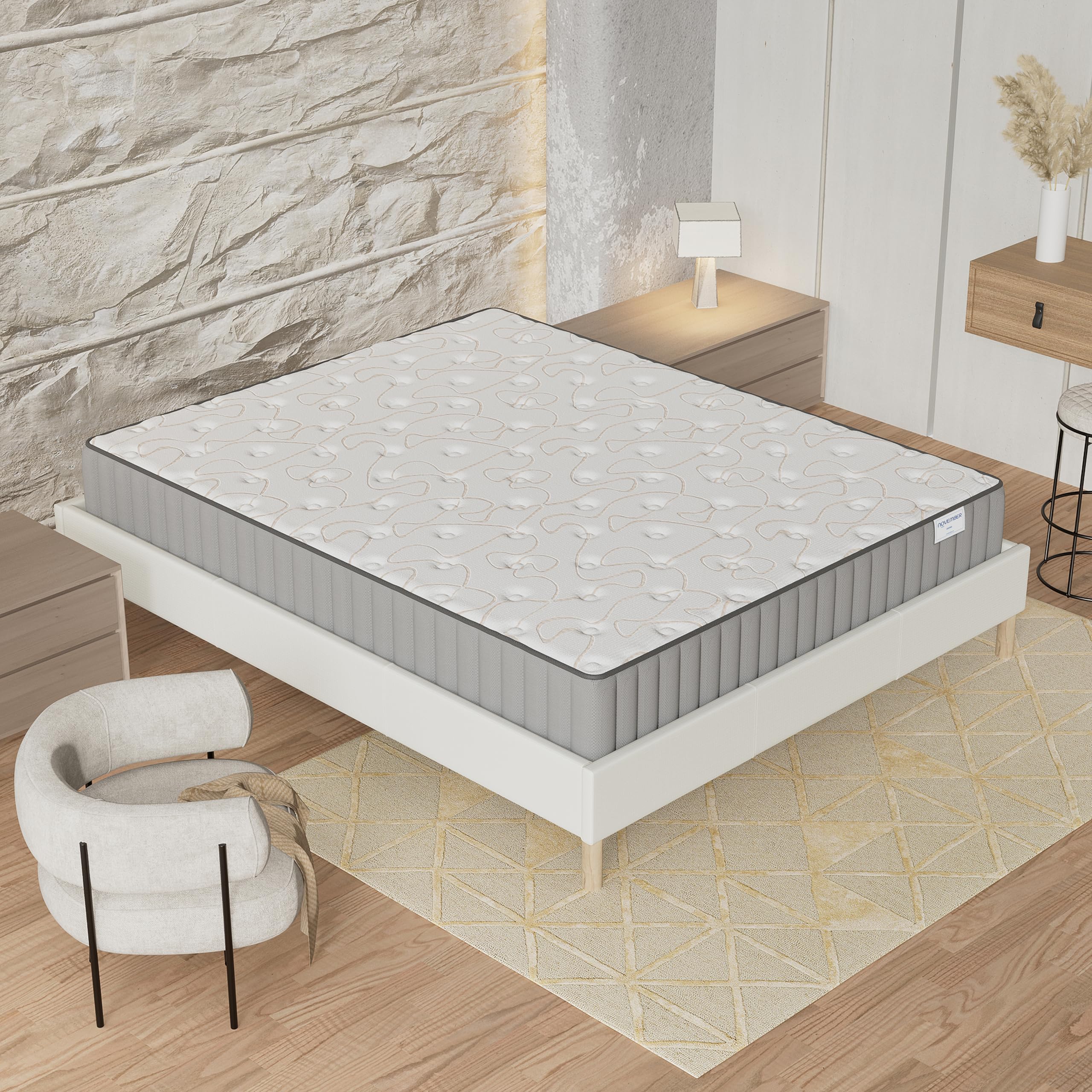 NOVEMBER- Ensemble Matelas + sommier (120 x 190cm)- Matelas Orionis Mousse Mémoire de Forme & Mousse Haute Densité d’épaisseur 16cm + Sommier Bois Stable & Robuste revêtement Tissu Blanc