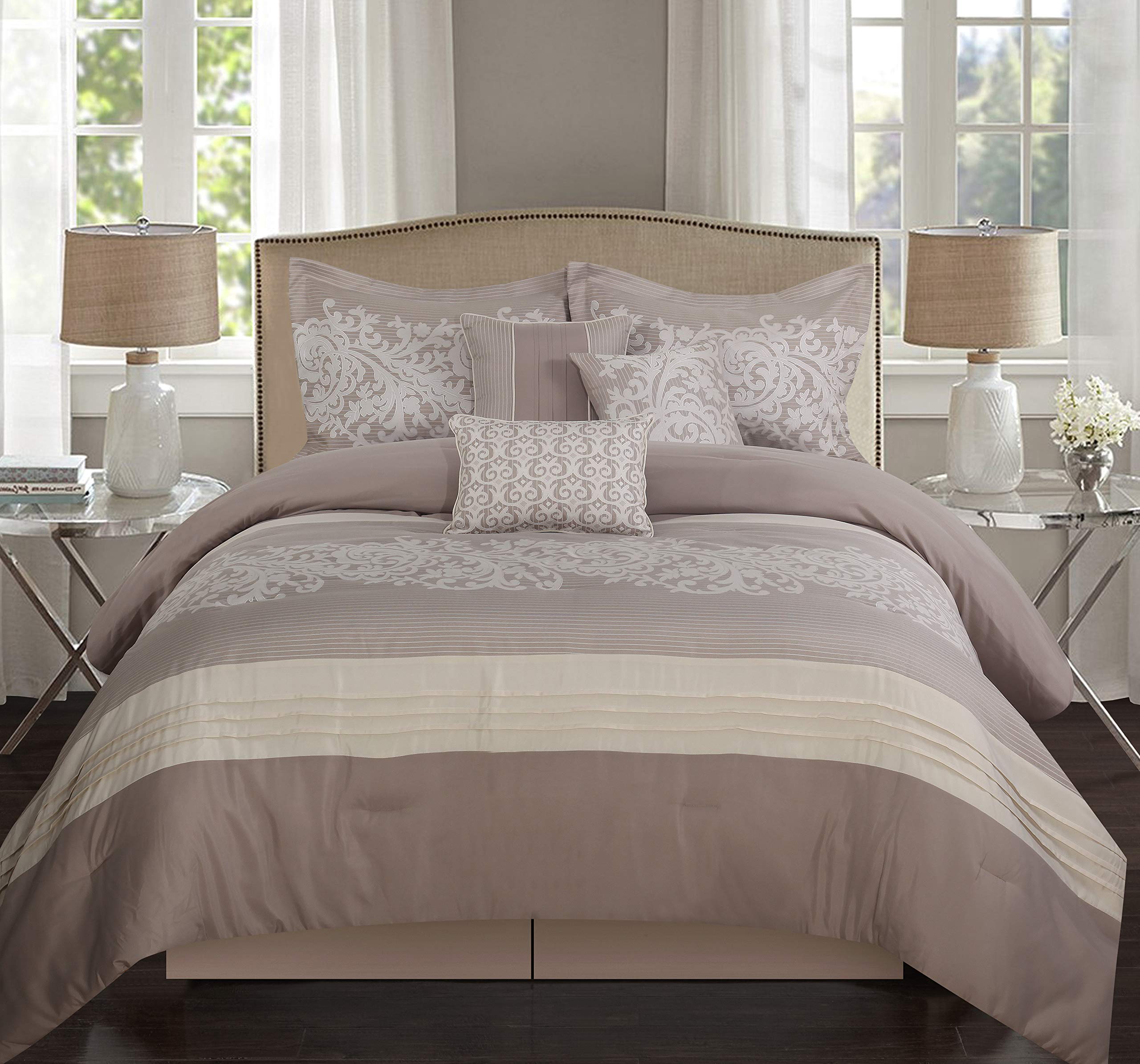 Stratford Park Royal Beige 7Piece Comforter Bedding Set, Grey, King