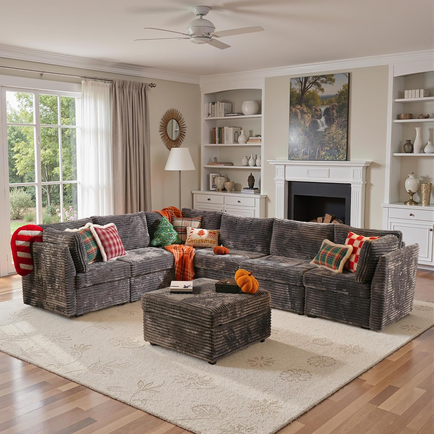 130'' Modern Modular Sectional Sofa with Ottoman, 7 Pieces L Shaped Cloud Couch for Living Room, Oversized Deep Seat Convertible Sofa Set, Plush Corduroy Gray