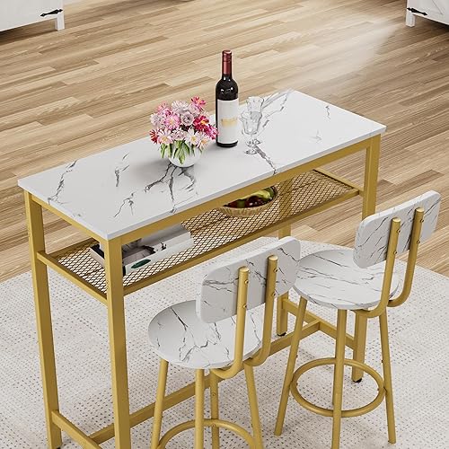 Miniatura 5 de Juego de mesa de comedor para 2, mesa de bar y sillas para 2, juego de mesa de bar pequeña de 3 piezas con 2 taburetes, parte superior de mármol