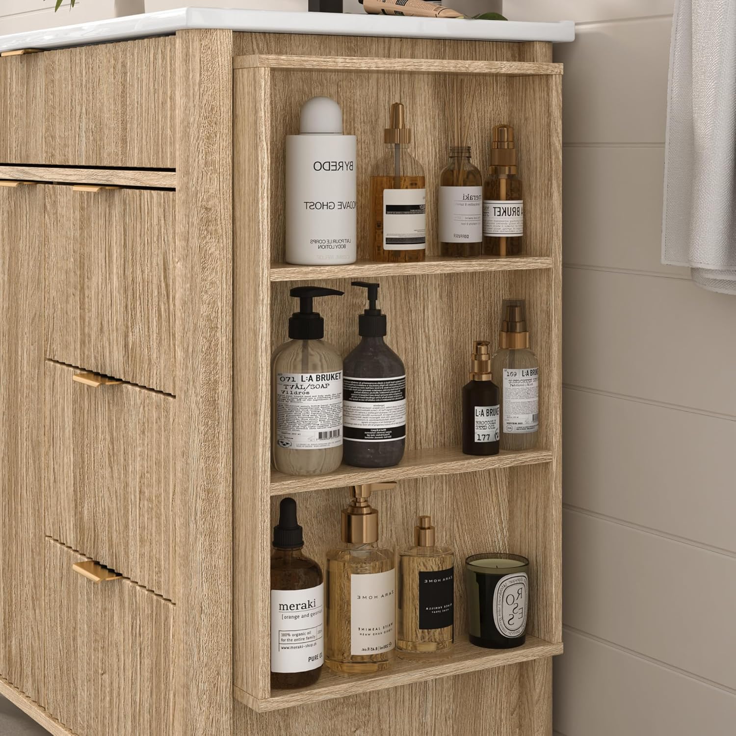 St.Mandyu 48" Fluted Bathroom Vanity with Sink & Faucet Combo, Modern Vanity Cabinet with Door, 3 Drawers and Side Shelves for Guest Apartment (Natural Oak)
